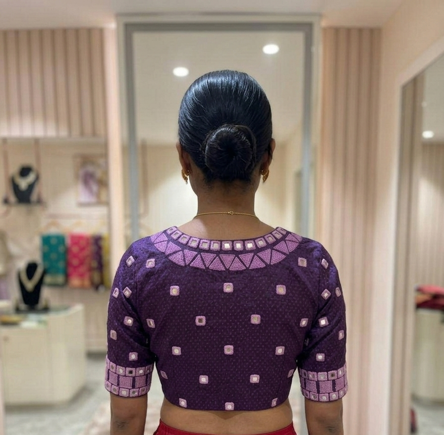 Purple Mashru silk blouse with French knot Embroidery and Mirror Work