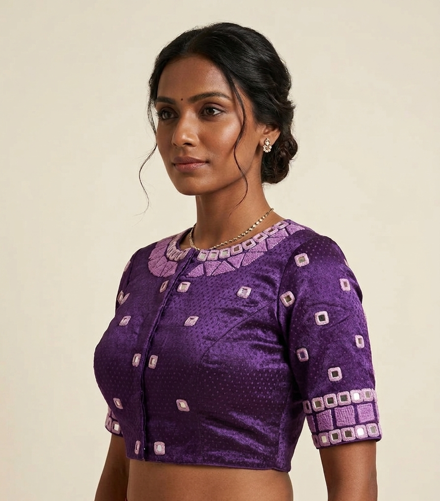 Purple Mashru silk blouse with French knot Embroidery and Mirror Work