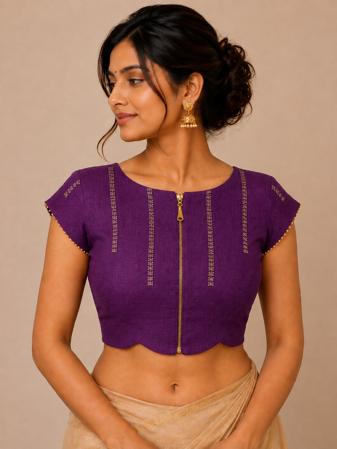 Bangalore Silk Blouse with Embroidered Leaf Motifs with side sherring