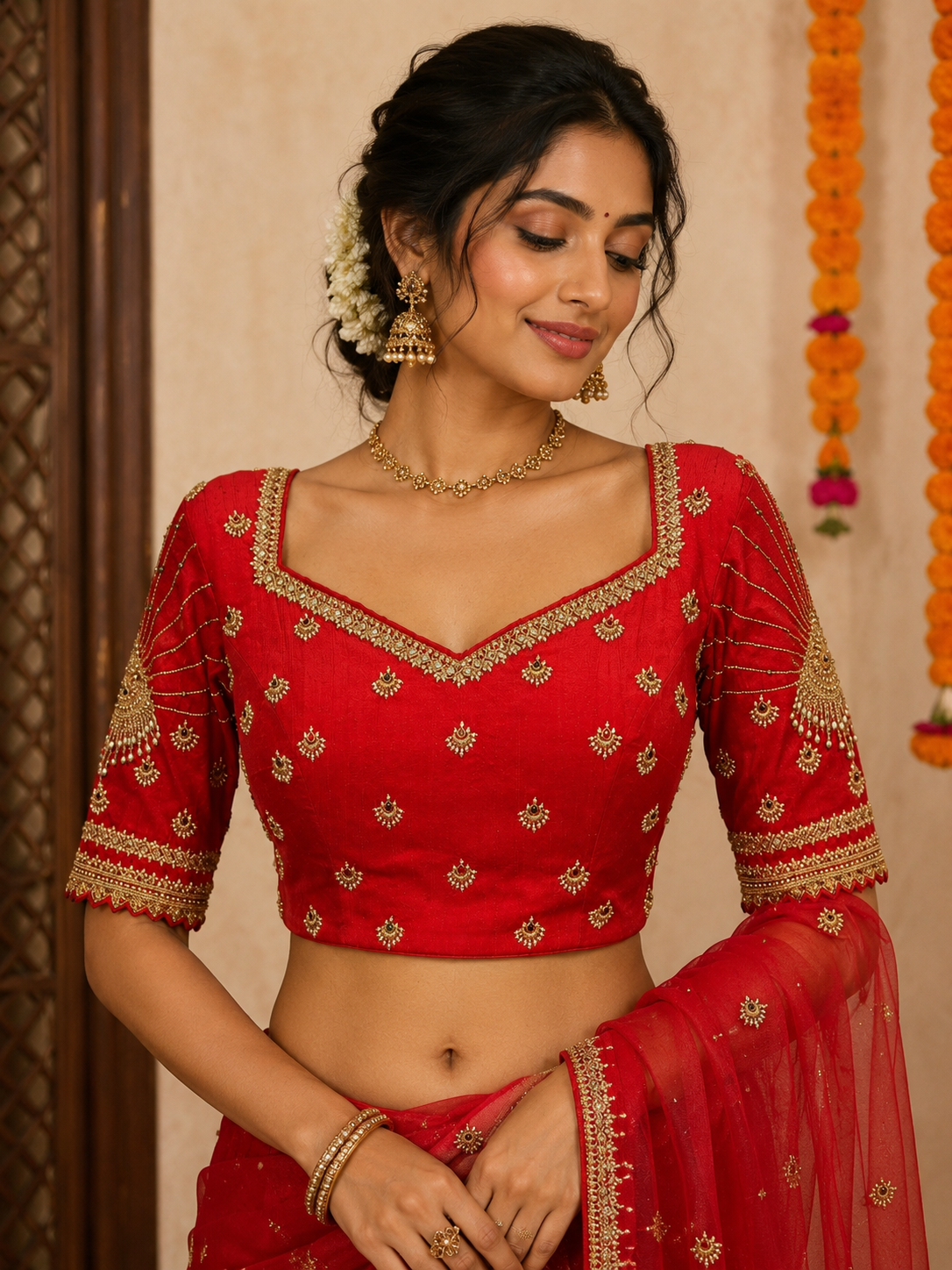 Red Hand Embroidered Blouse for wedding and festive wear