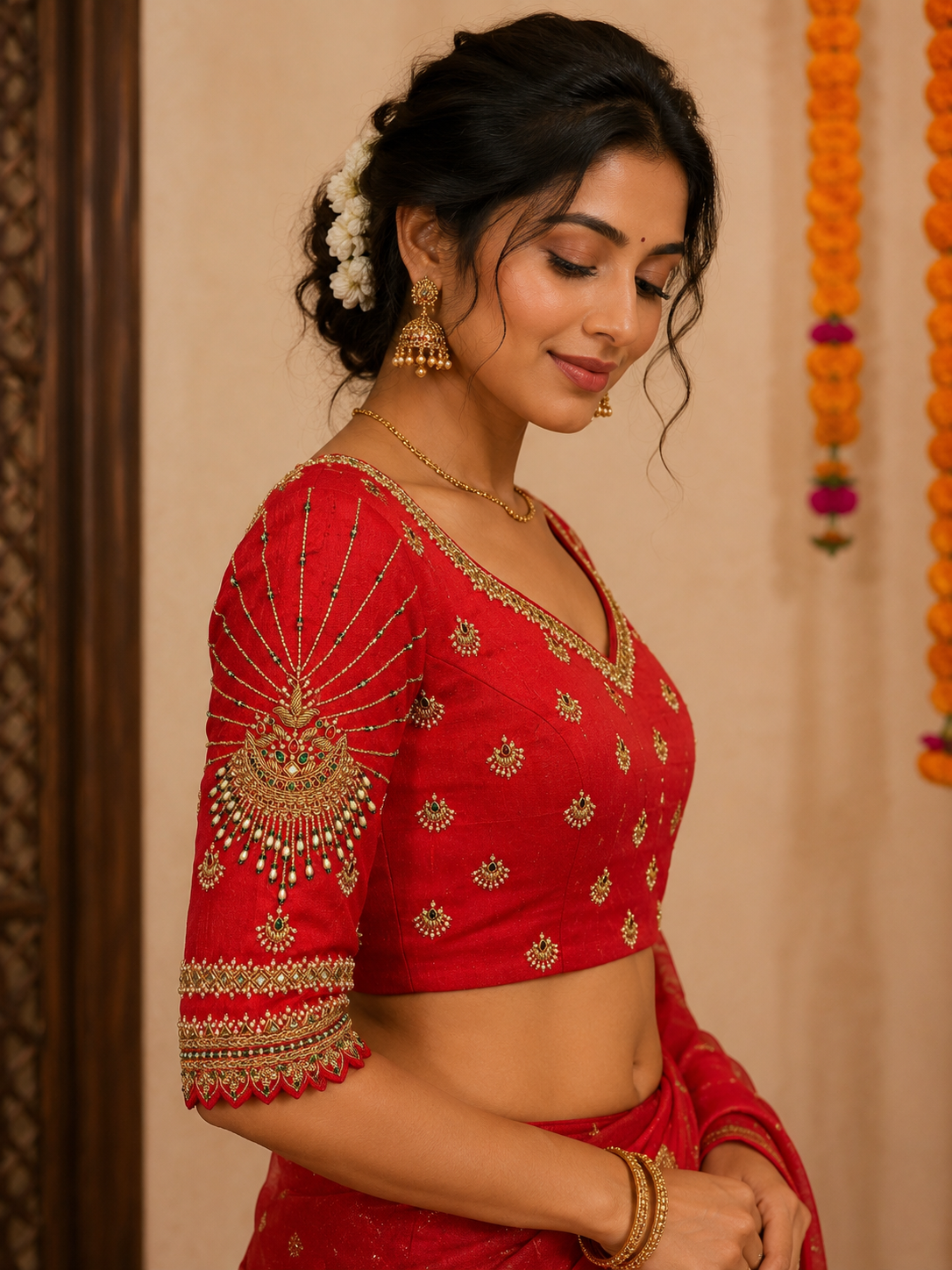 Red Hand Embroidered Blouse for wedding and festive wear