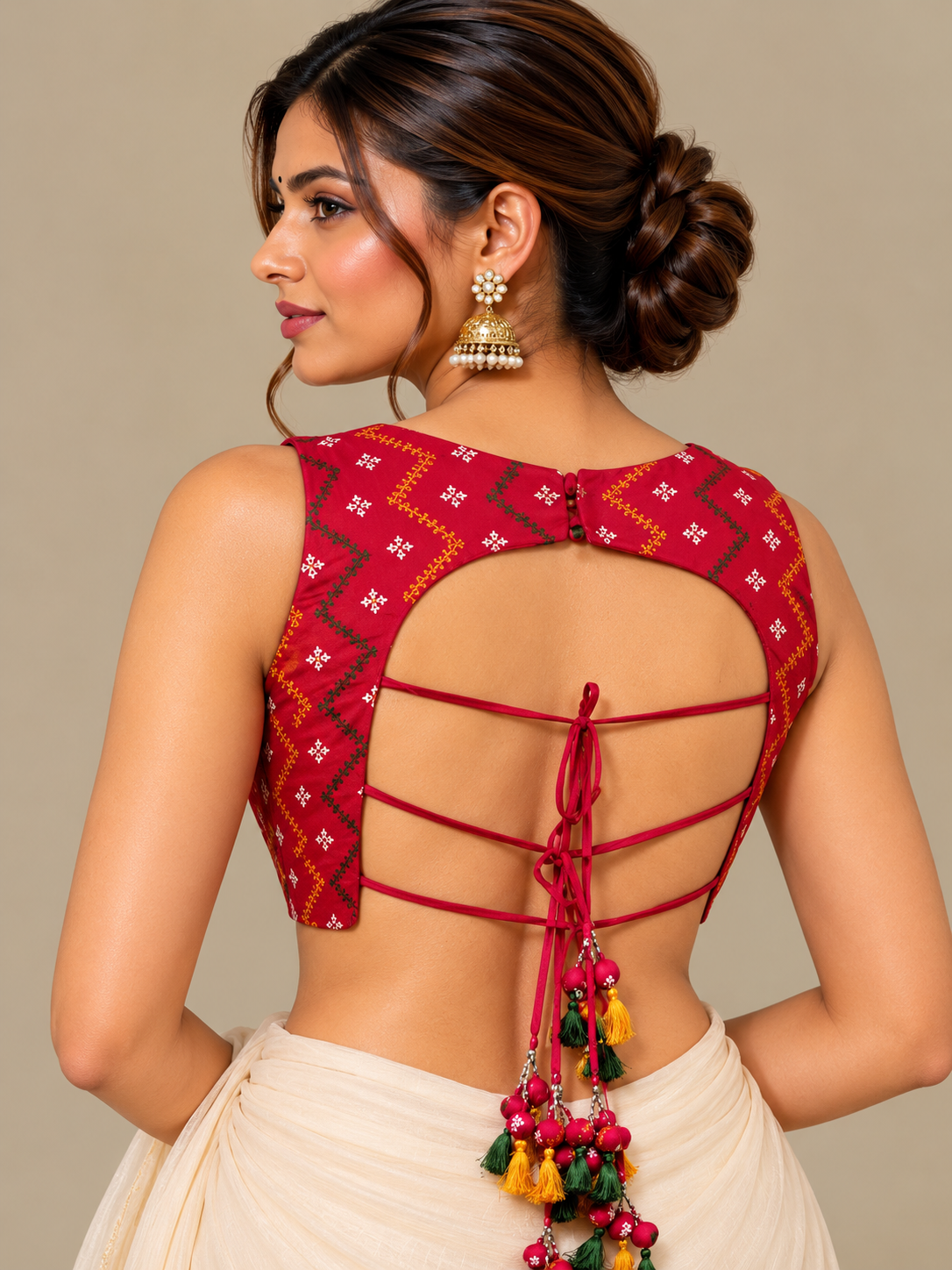 Red Falling Raw Silk Blouse with Machine Embroidered Kutch work