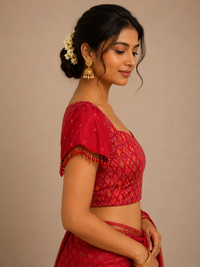 Red Ikkat Blouse with Sequined Raw Silk Sleeves