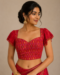 Red Ikkat Blouse with Sequined Raw Silk Sleeves