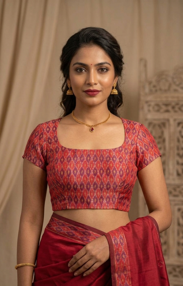 Red Ikkat Blouse with Side shirring for wedding and festive wear