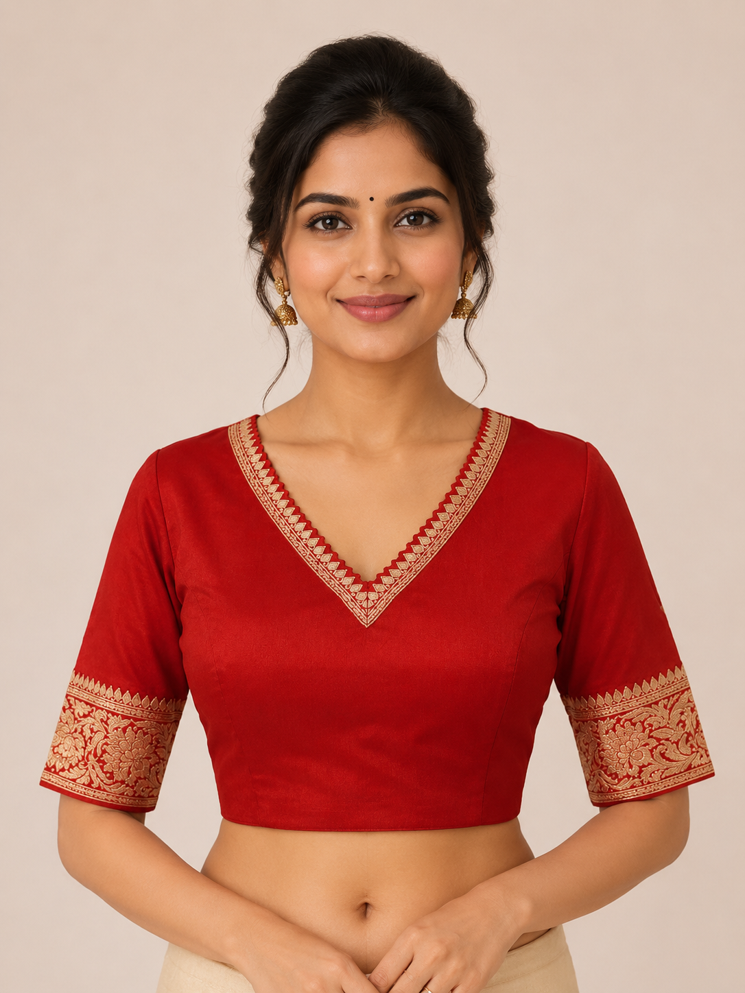 Red Raw Silk Blouse with Scalloped Kanchi Border Detailing