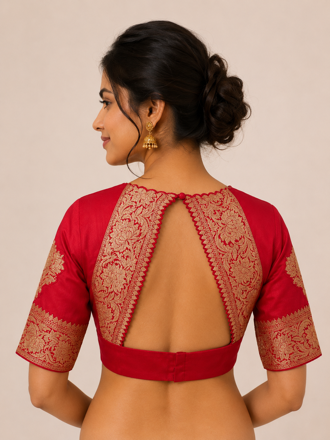 Red Raw Silk Blouse with Scalloped Kanchi Border Detailing