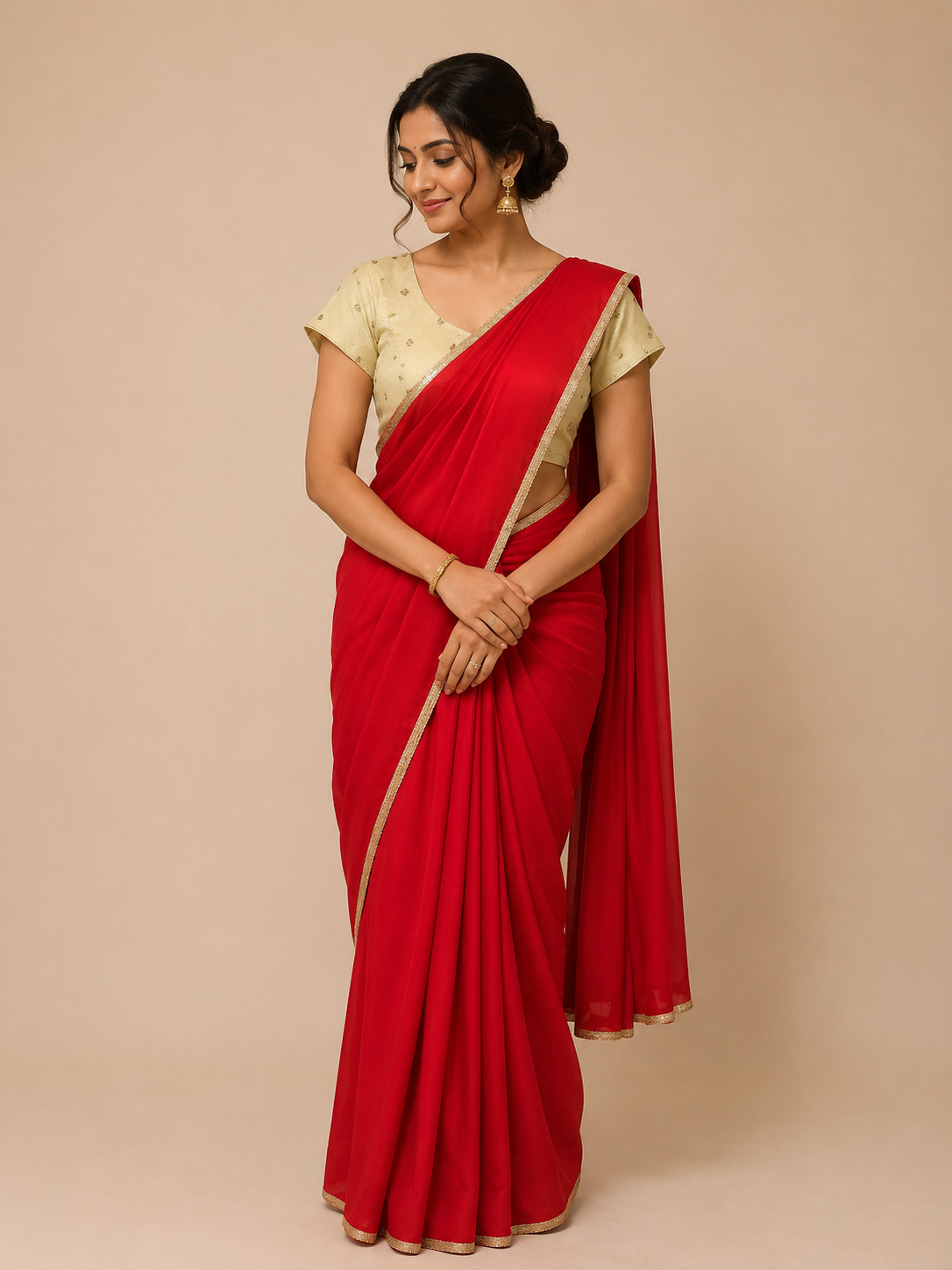 Red Modal Satin saree with Banaras Tissue Blouse