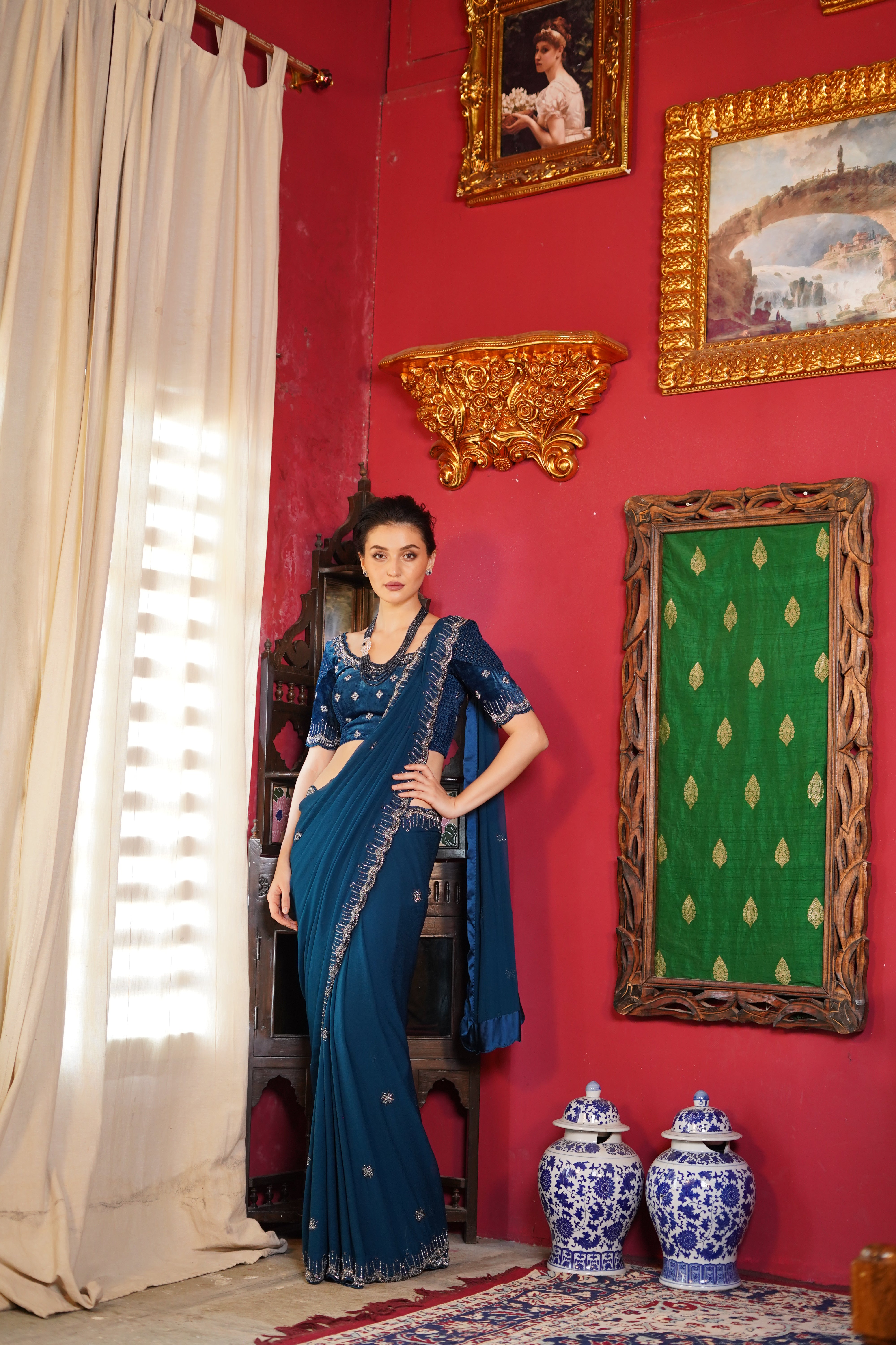 Indigo blue Saree with Embroidered Blouse