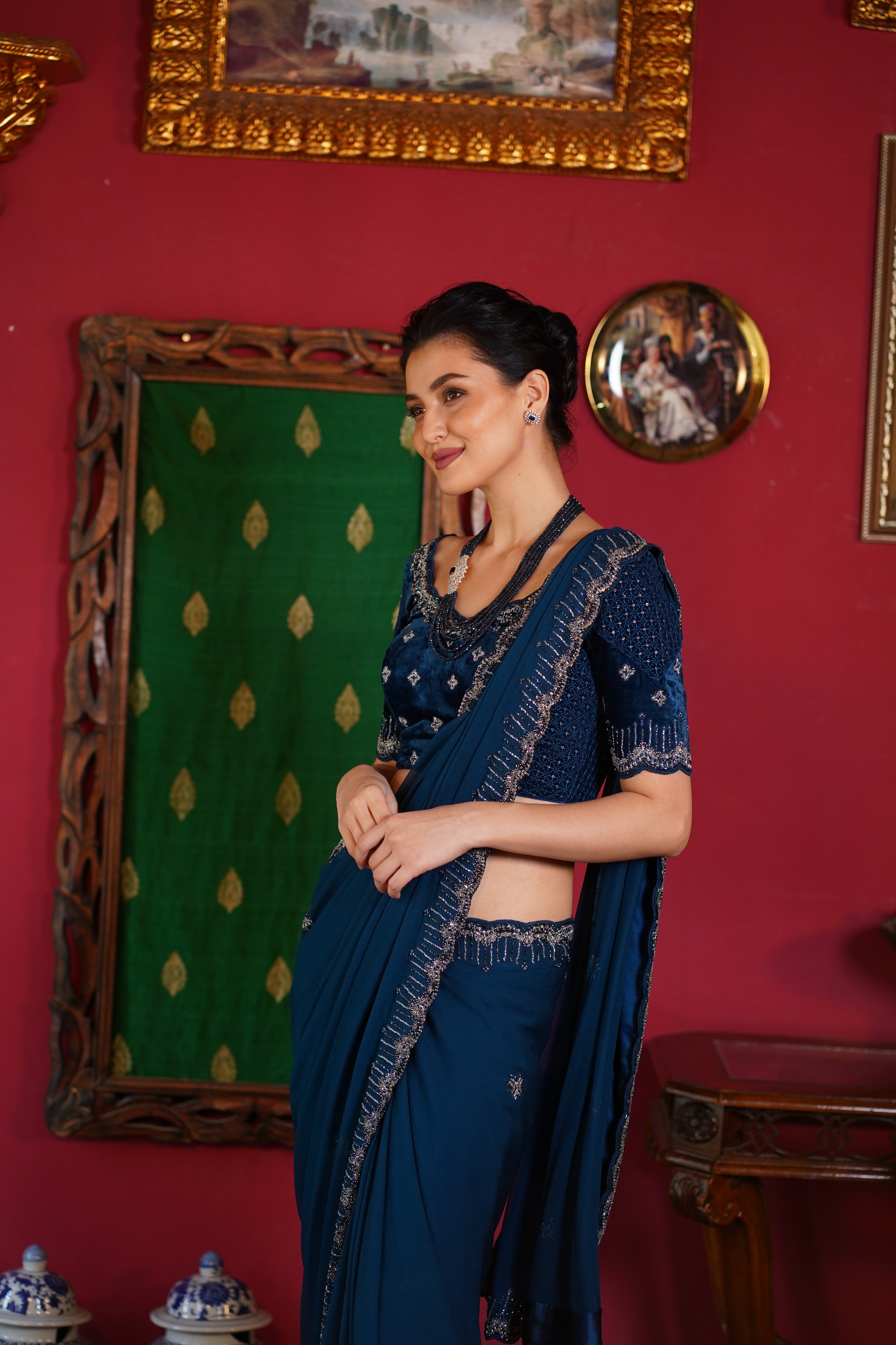 Indigo blue Saree with Embroidered Blouse