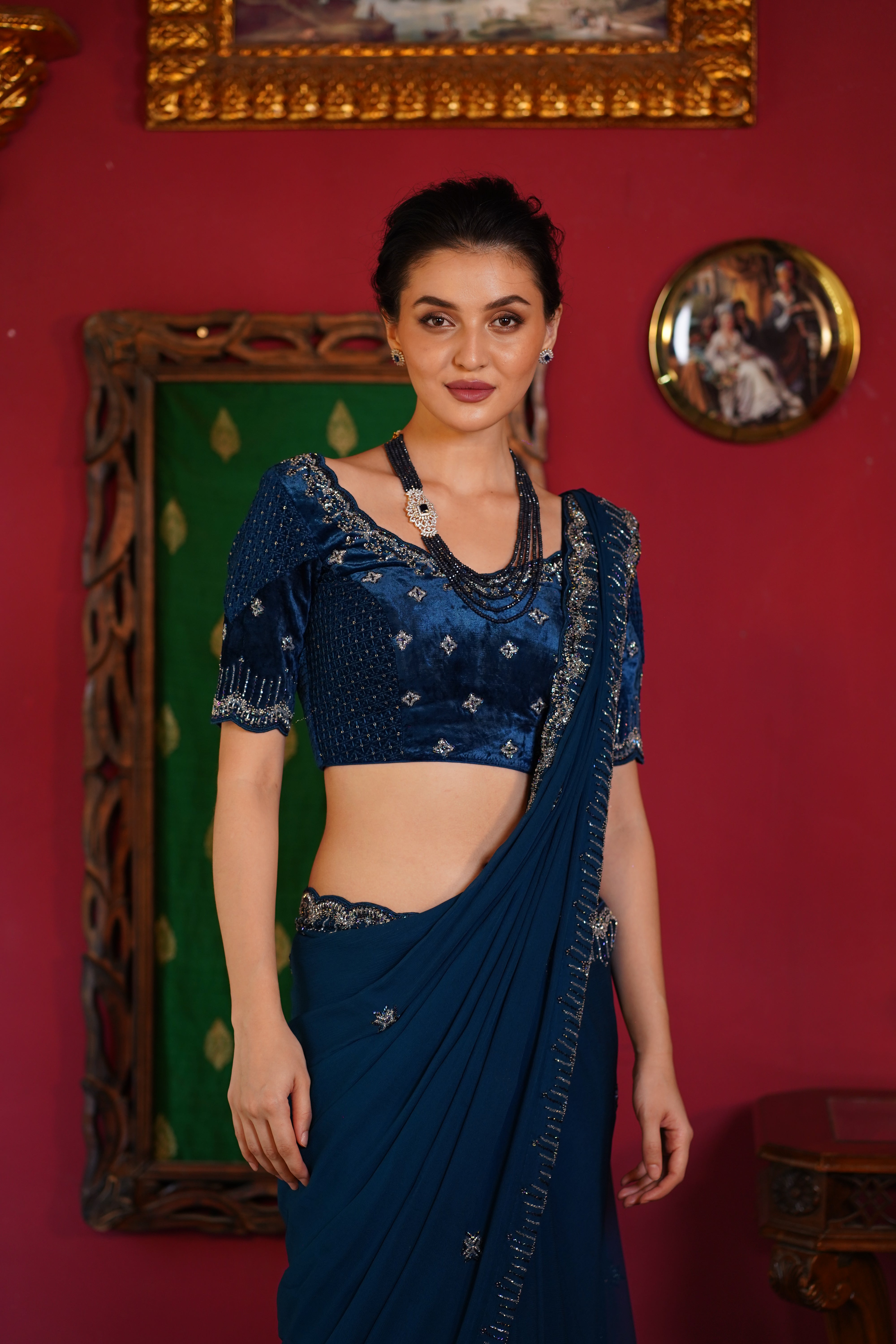 Indigo blue Saree with Embroidered Blouse