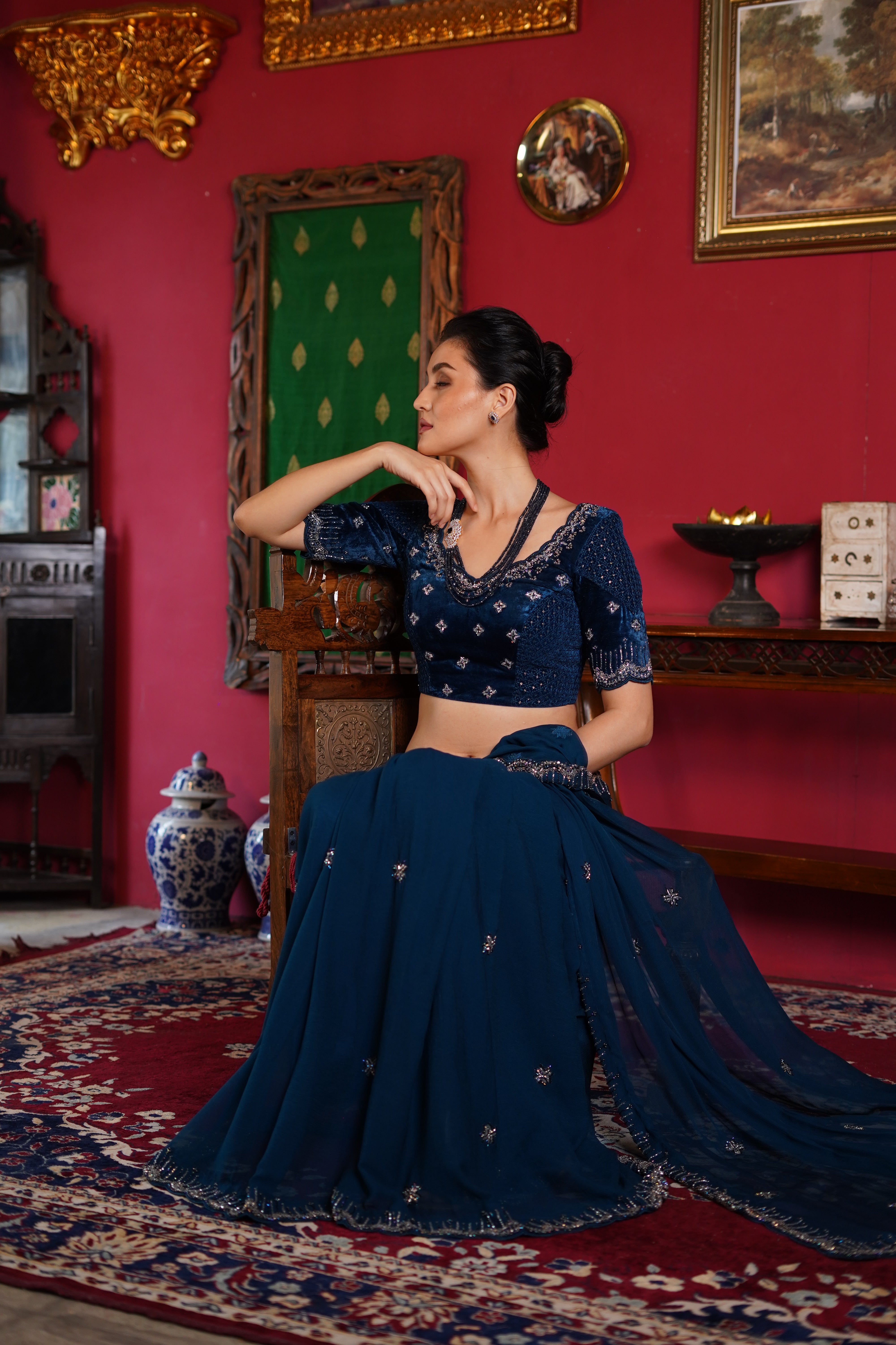 Indigo blue Saree with Embroidered Blouse