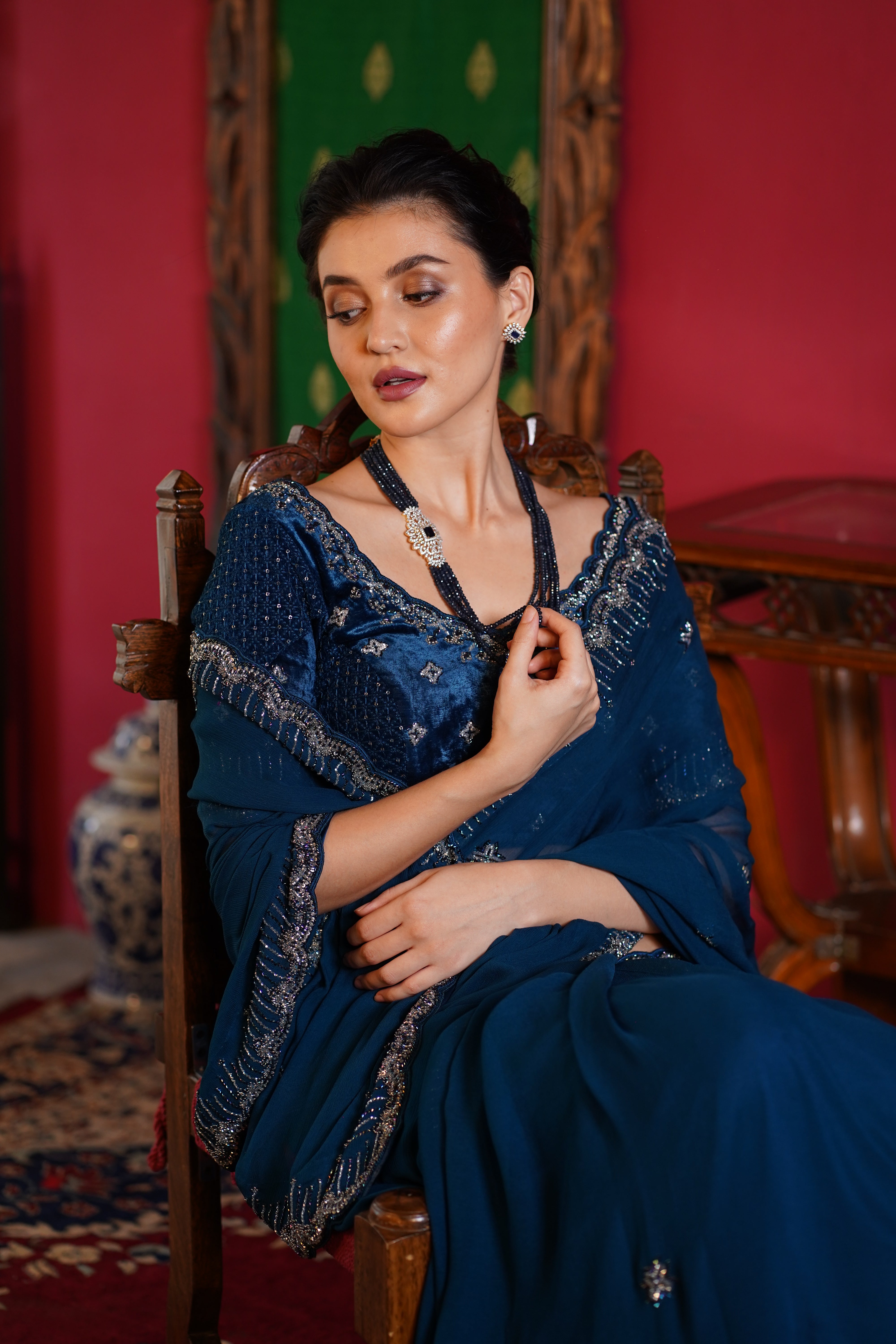 Indigo blue Saree with Embroidered Blouse