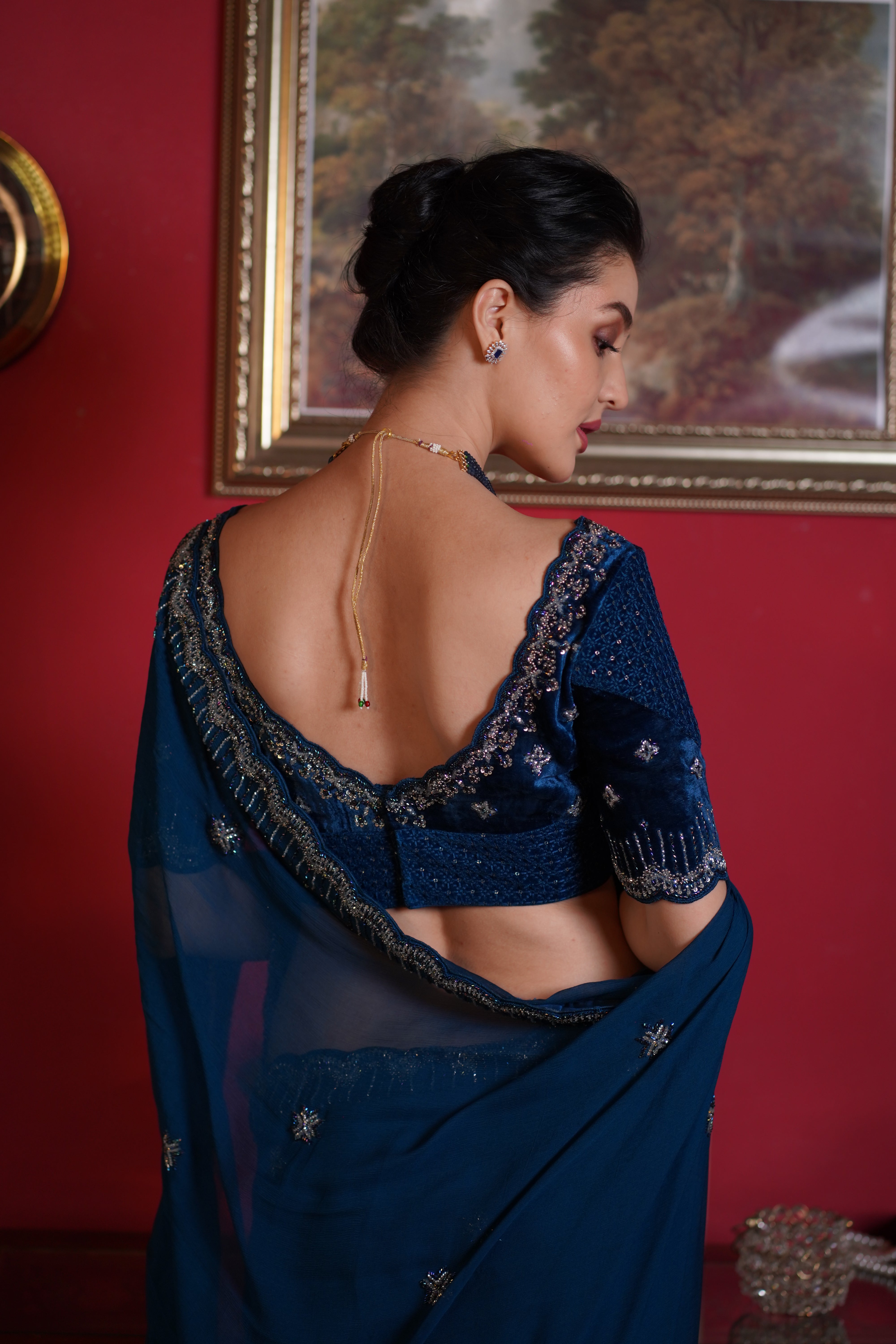 Indigo blue Saree with Embroidered Blouse