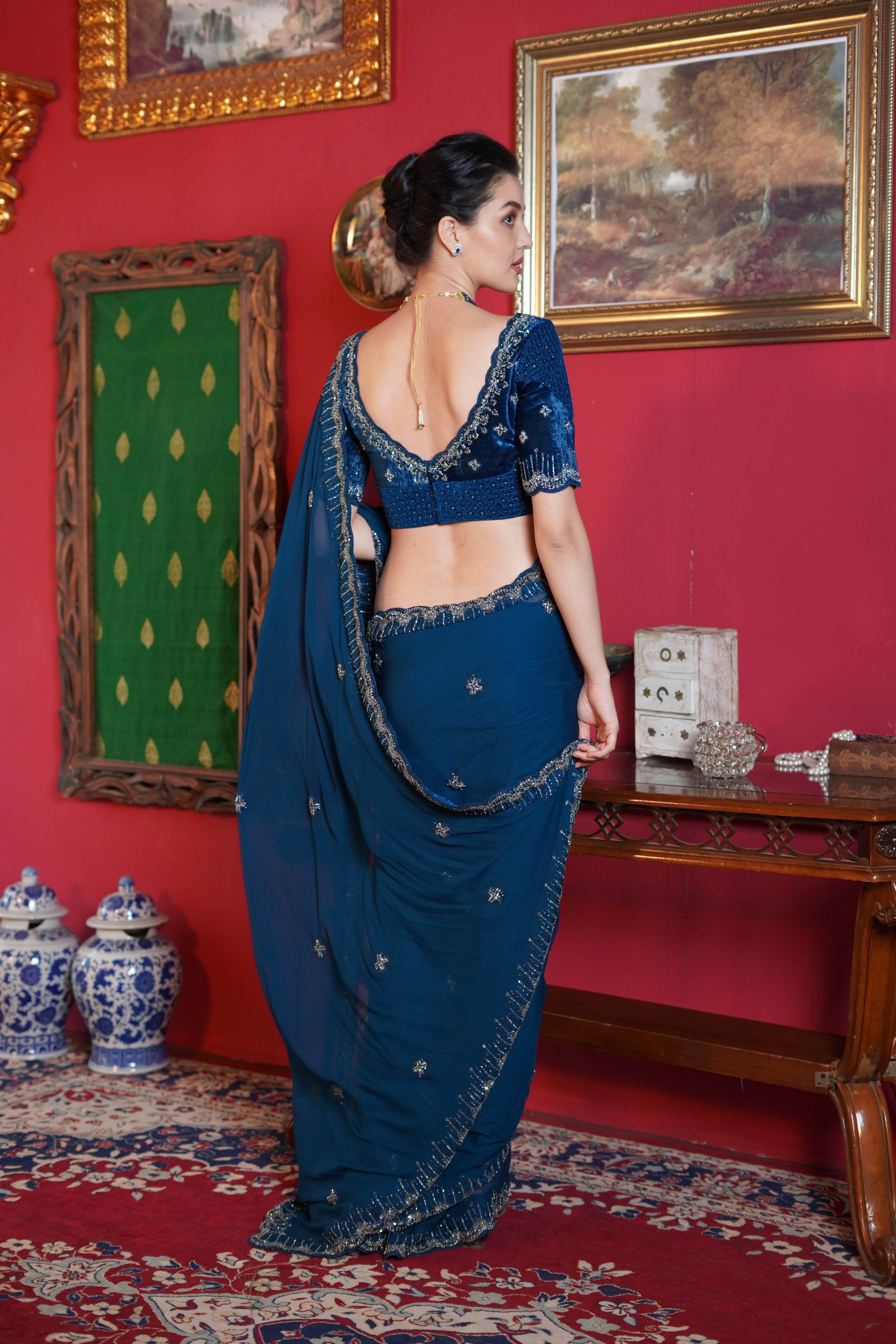 Indigo blue Saree with Embroidered Blouse