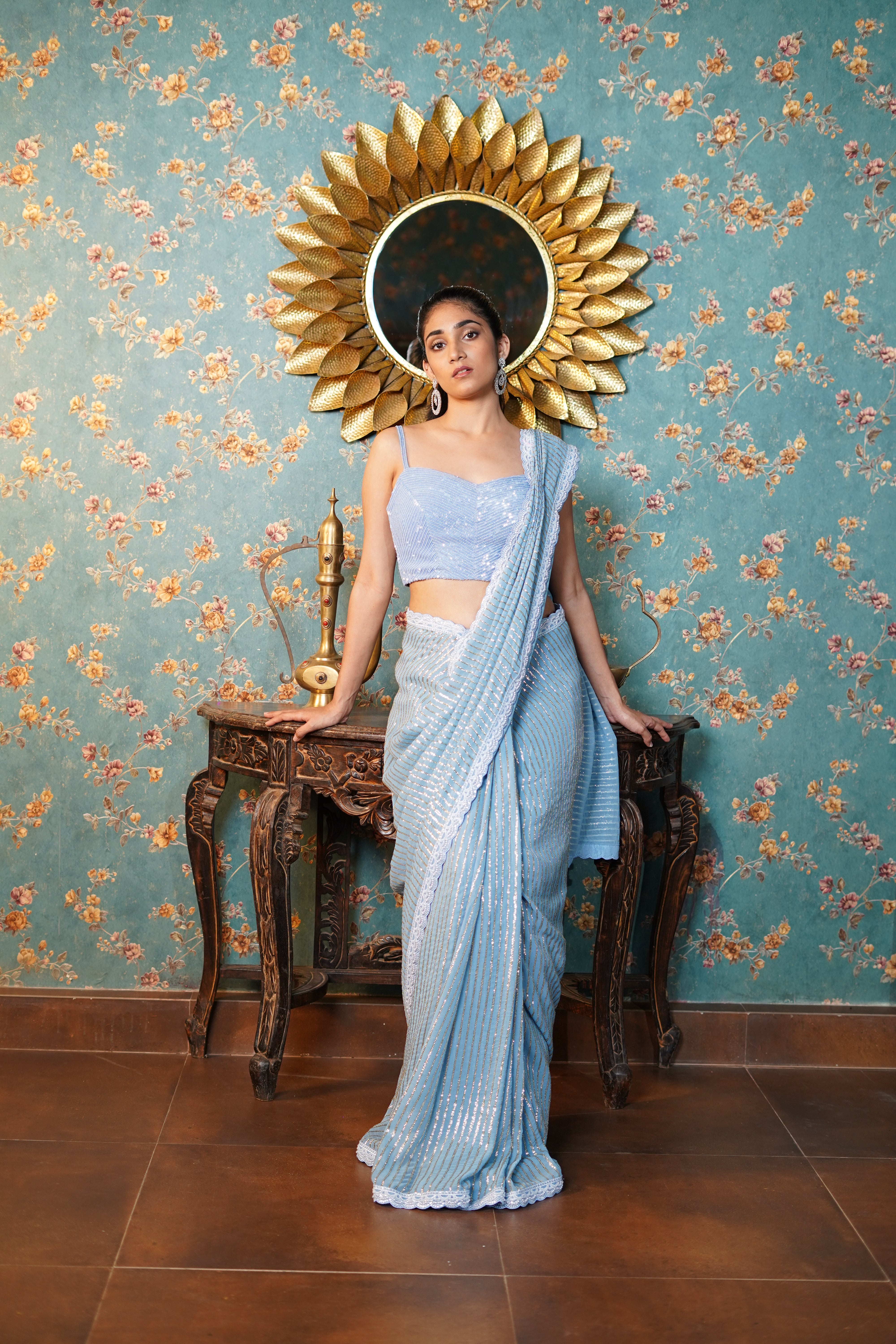 Powder Blue Saree with Sequin Embroidered Blouse