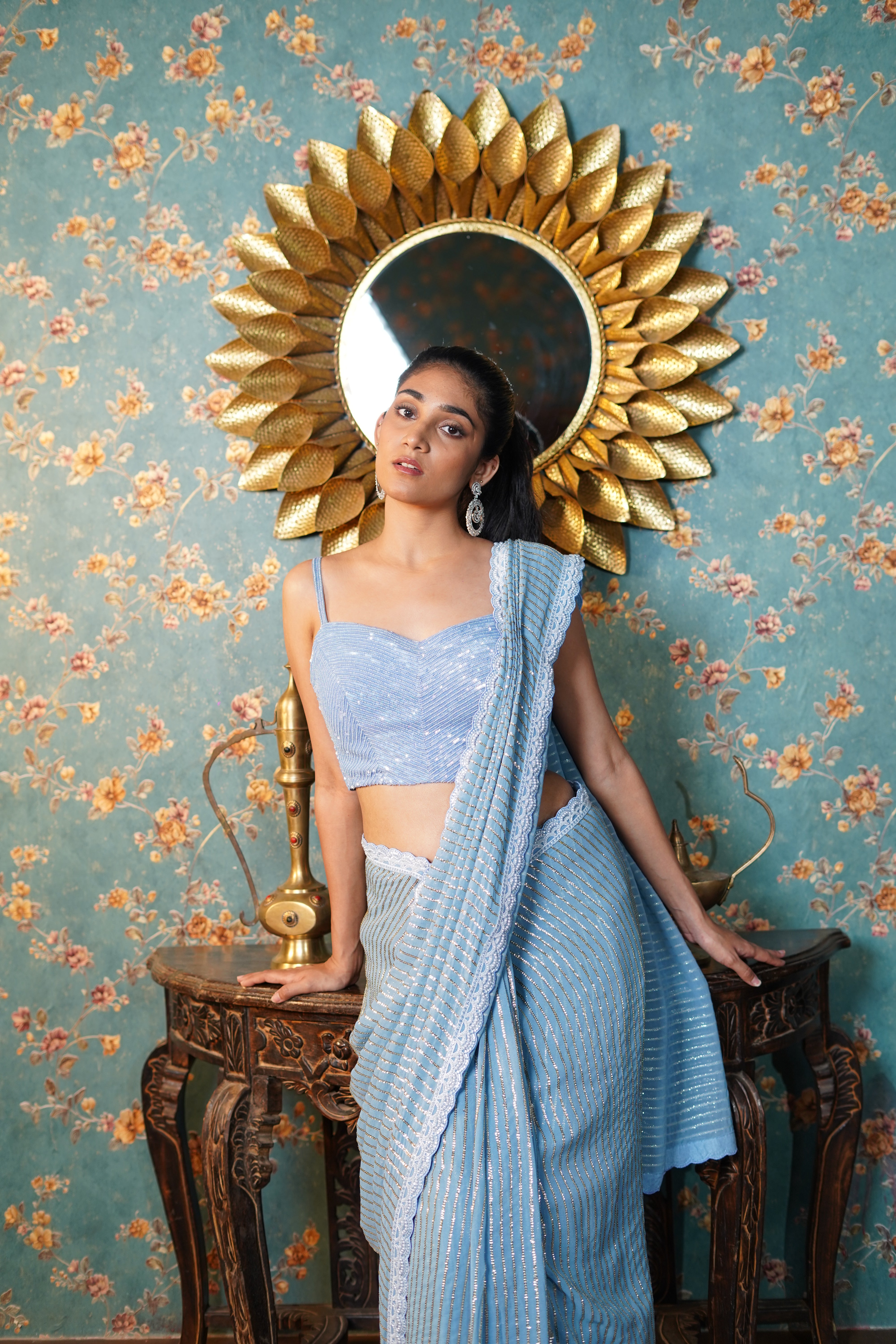 Powder Blue Saree with Sequin Embroidered Blouse