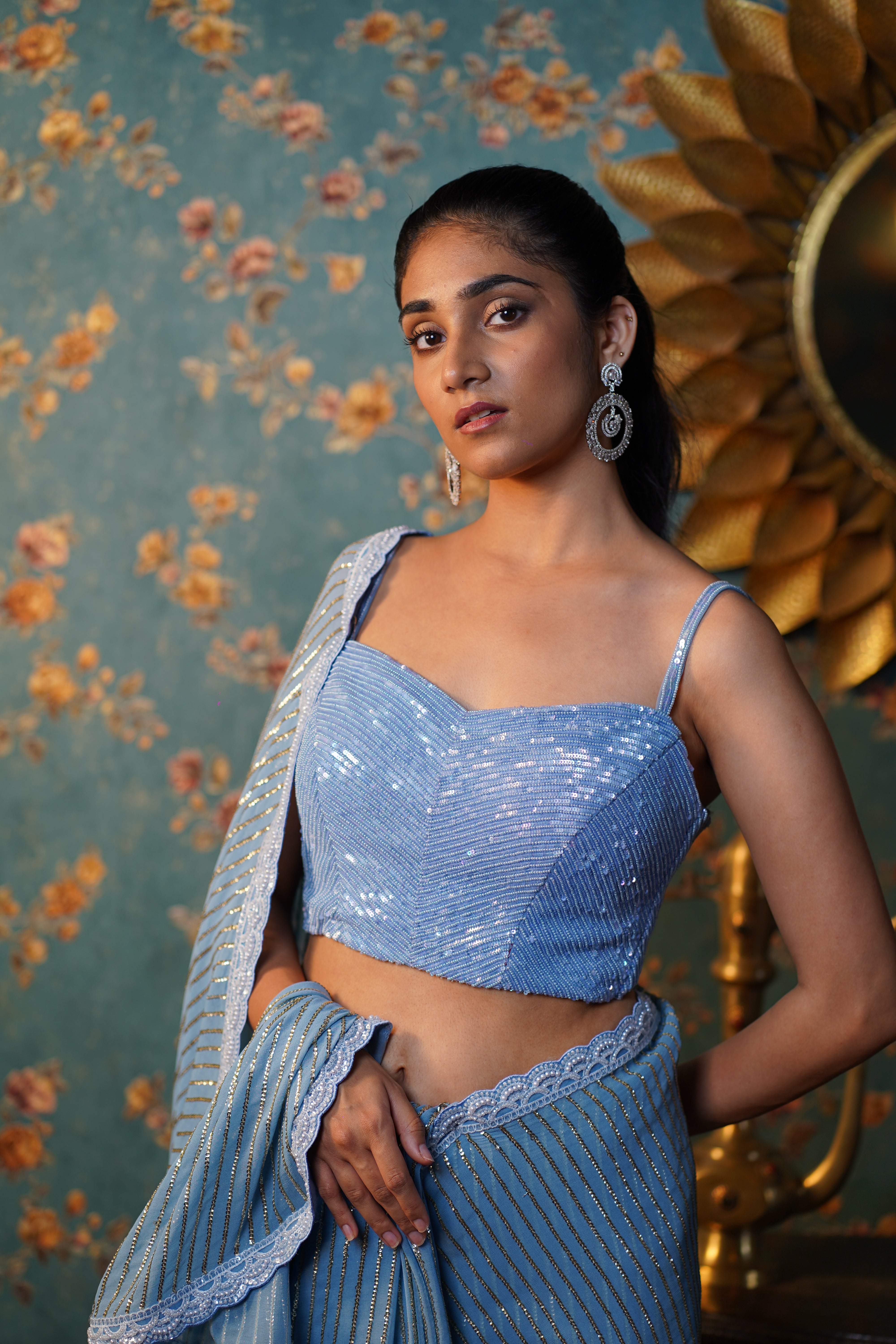 Powder Blue Saree with Sequin Embroidered Blouse