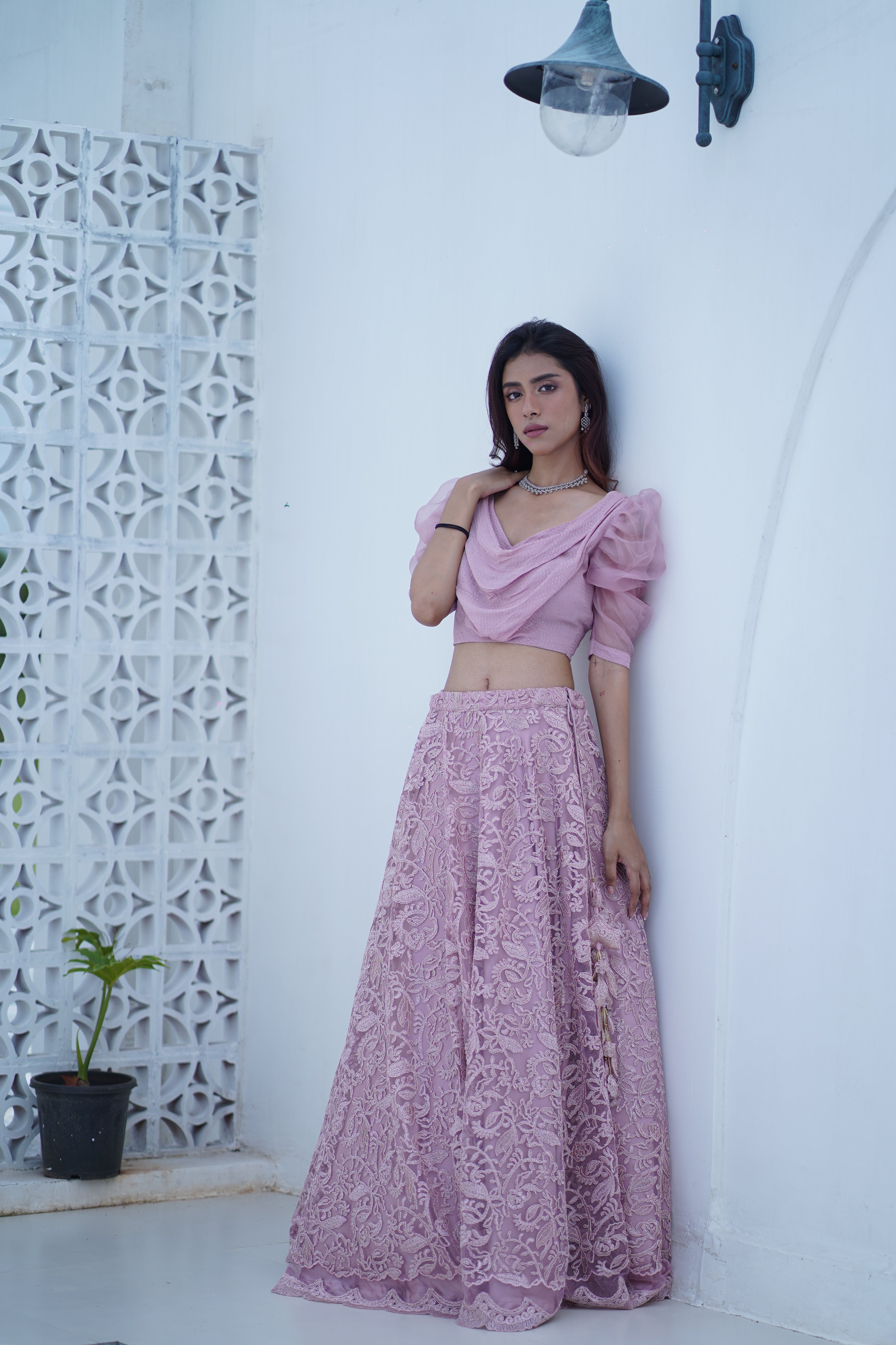 Mauve french net Skirt with cowl Crop Top