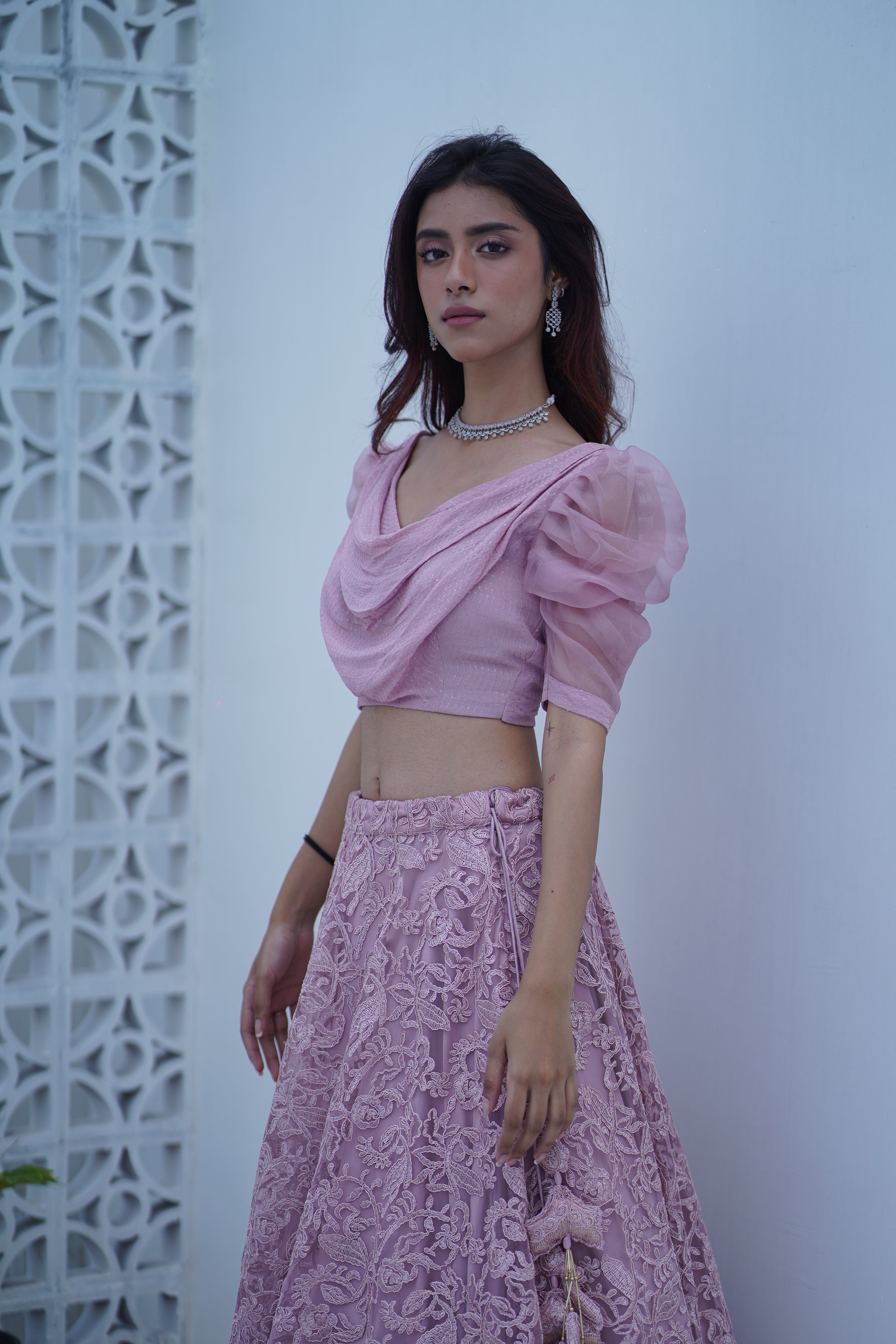 Mauve french net Skirt with cowl Crop Top