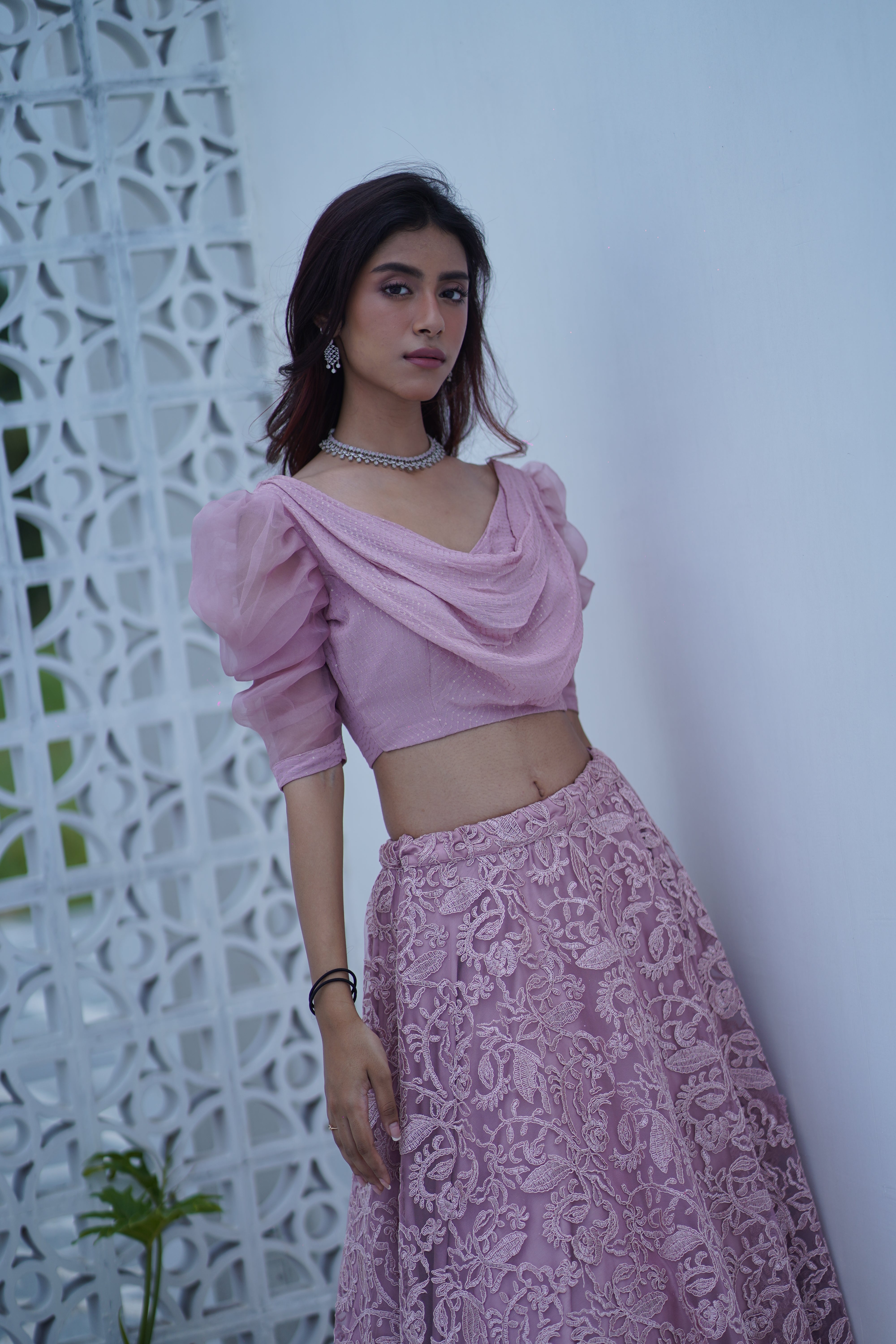 Mauve french net Skirt with cowl Crop Top