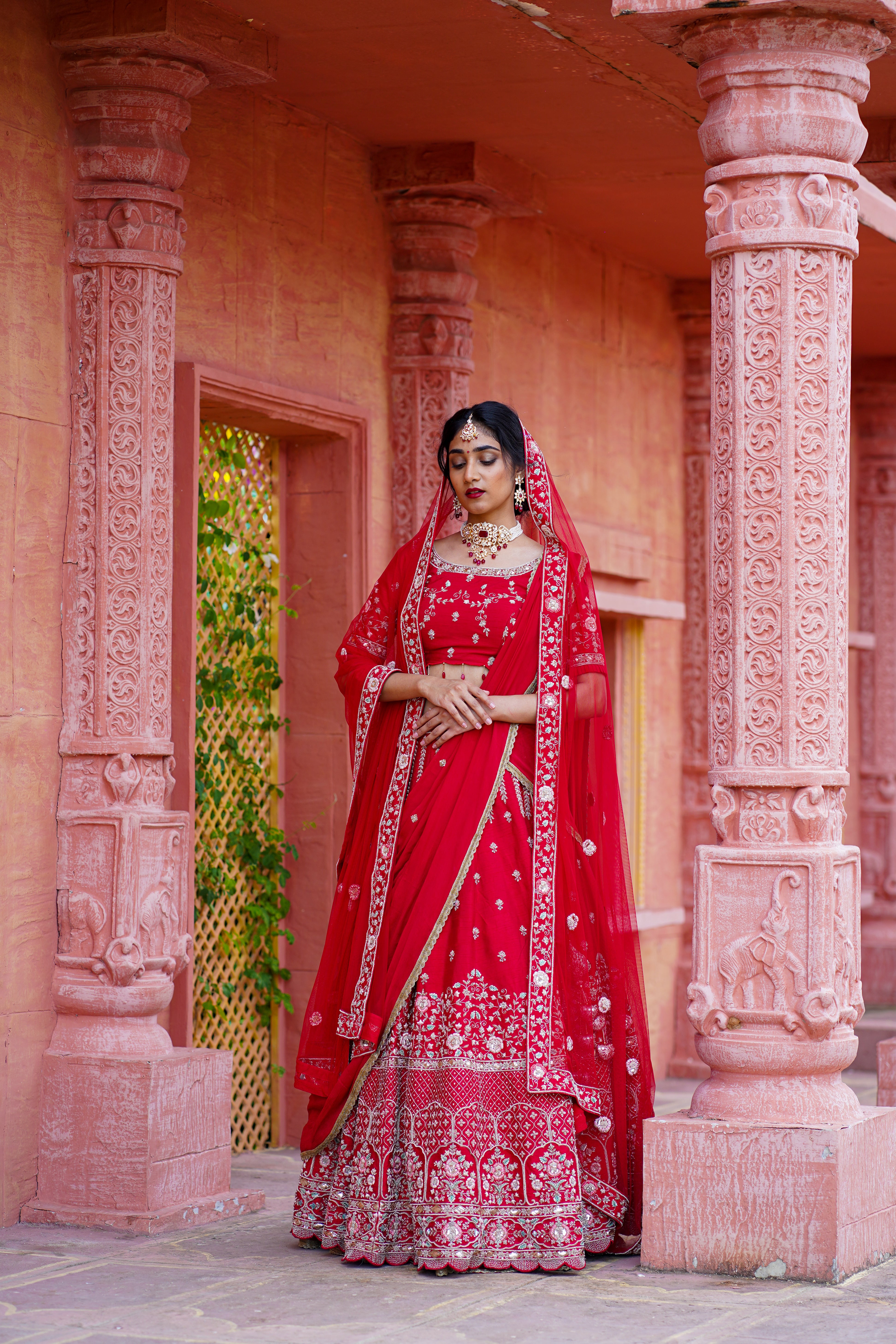 Red Embroidered Lehenga