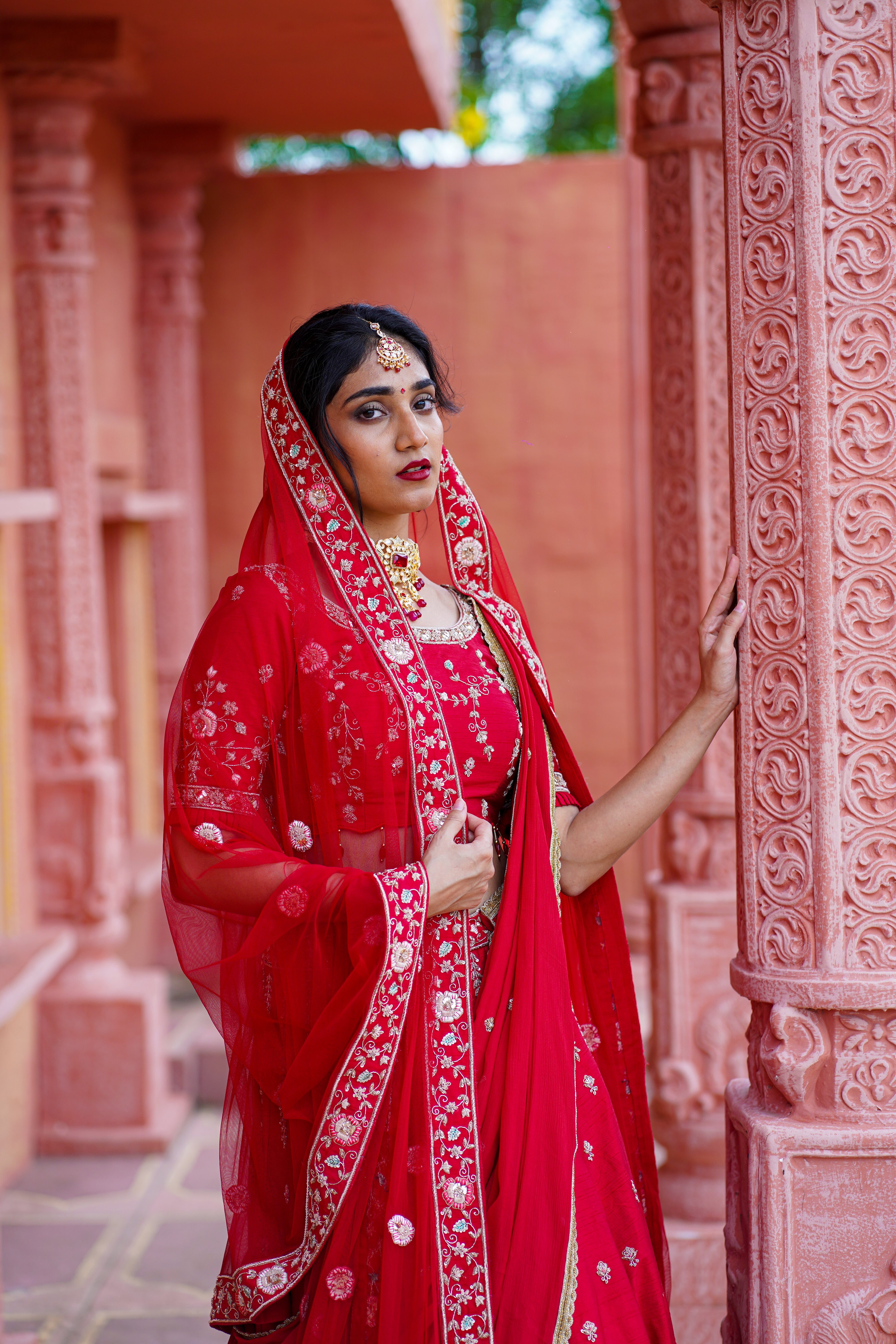 Red Embroidered Lehenga