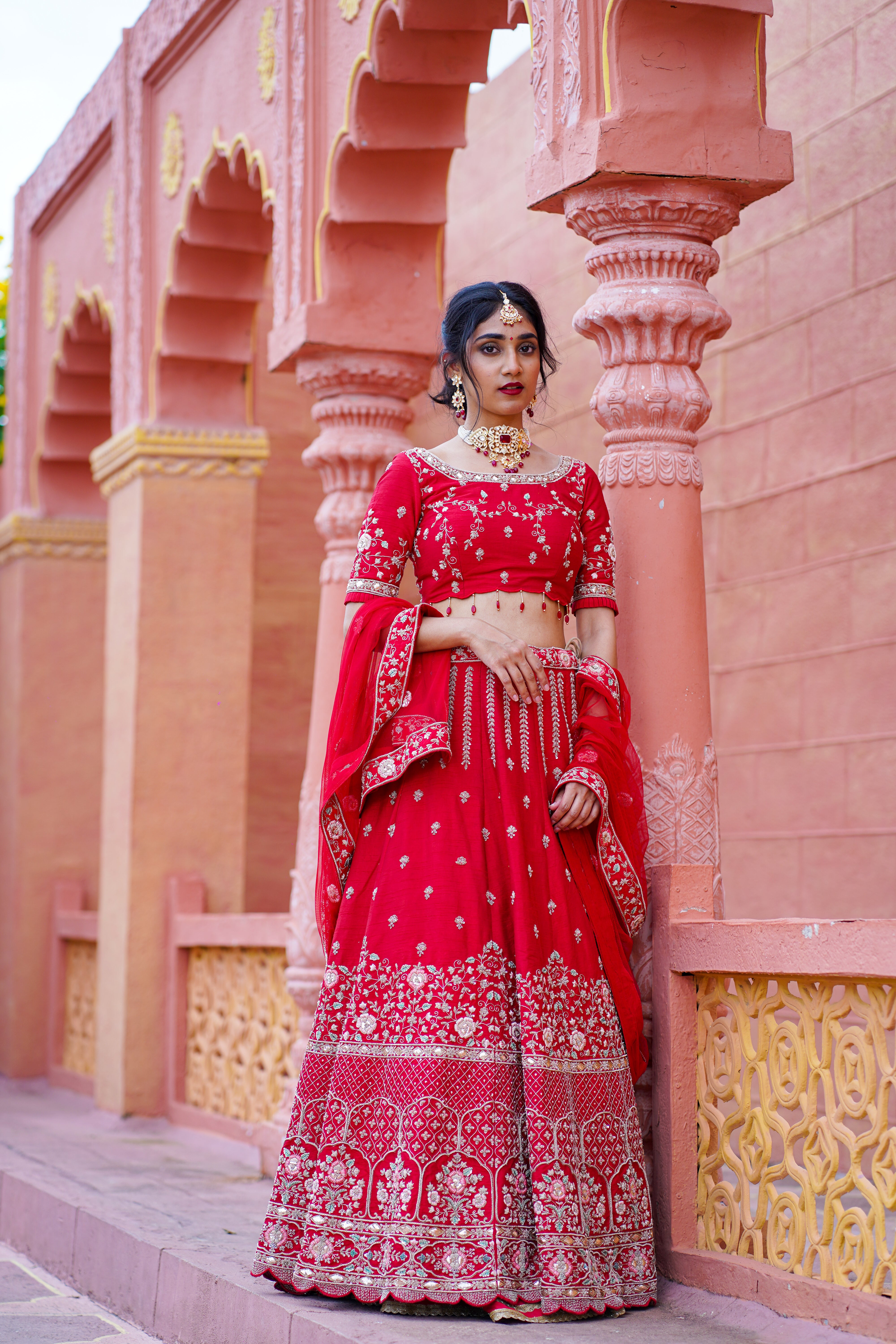 Red Embroidered Lehenga