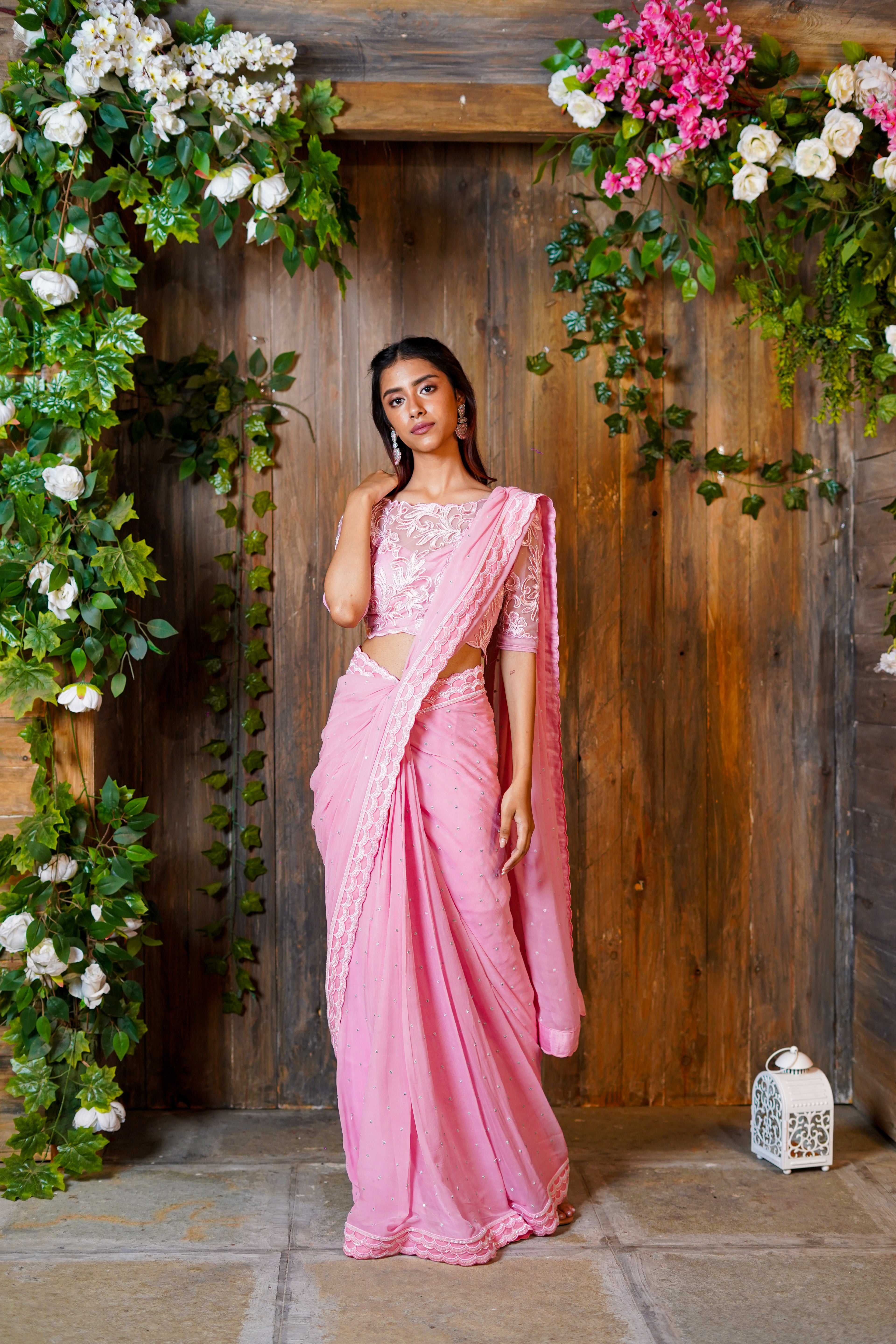 Pink Embroidered Saree With Embroidered Blouse