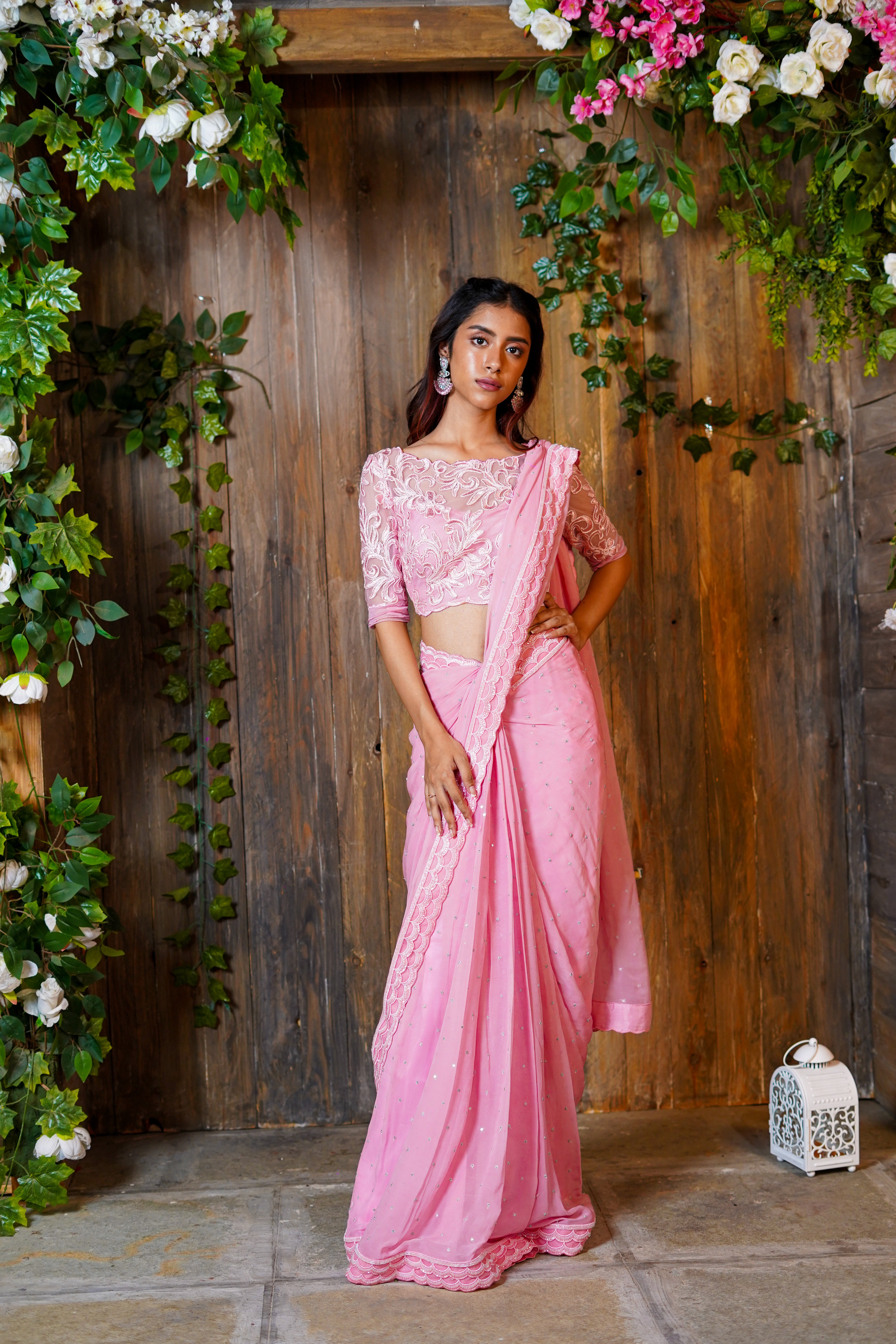 Pink Embroidered Saree With Embroidered Blouse