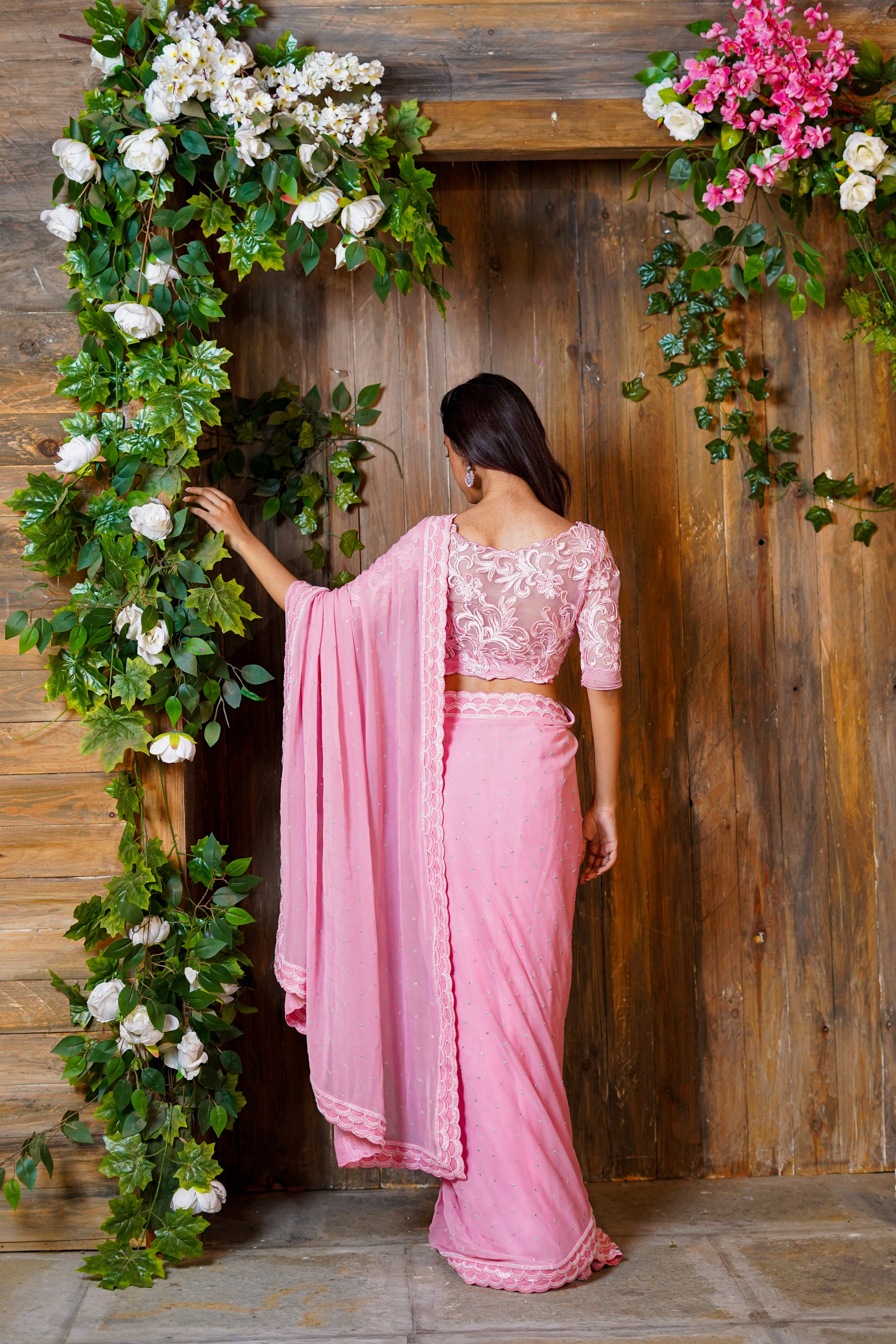 Pink Embroidered Saree With Embroidered Blouse