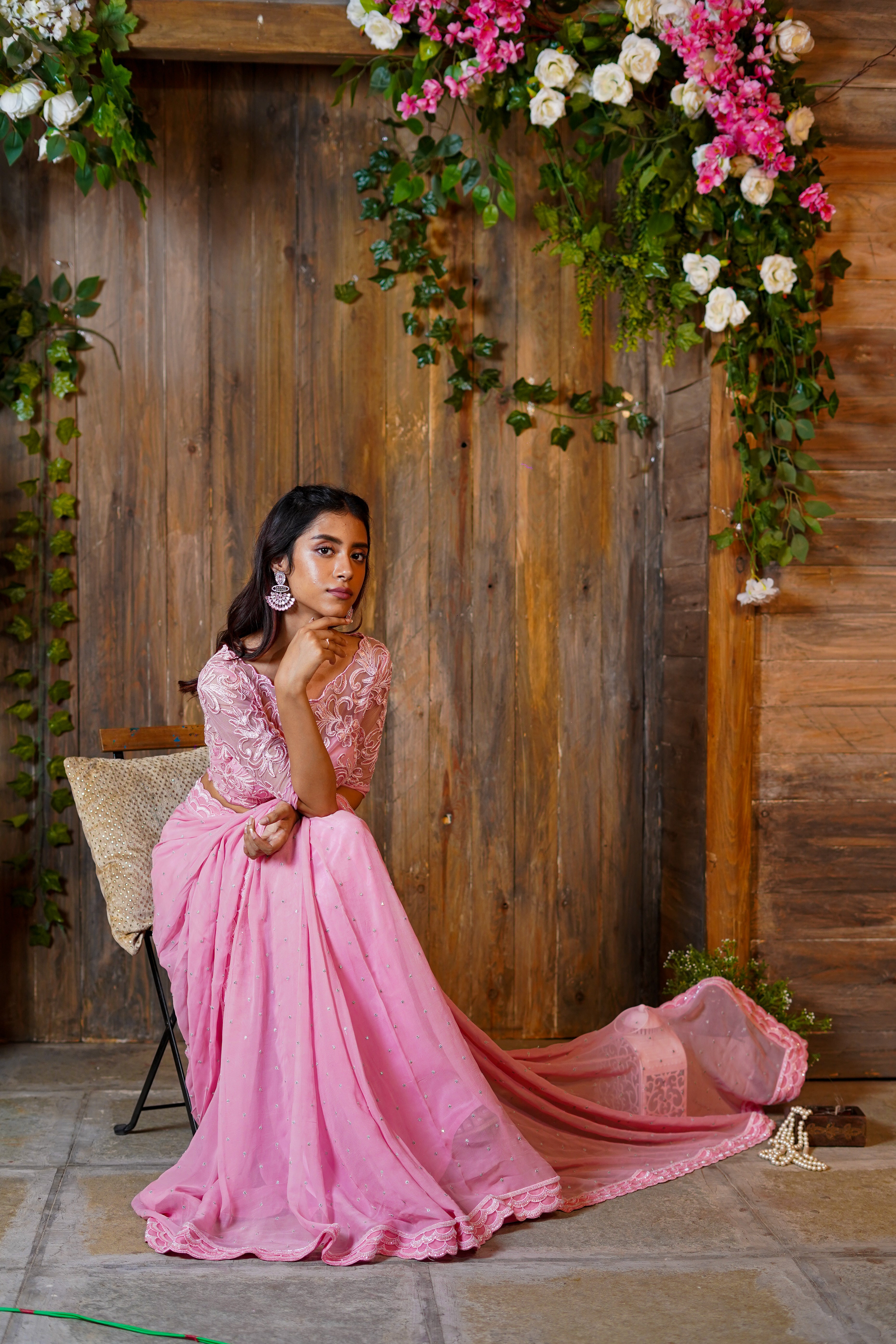 Pink Embroidered Saree With Embroidered Blouse