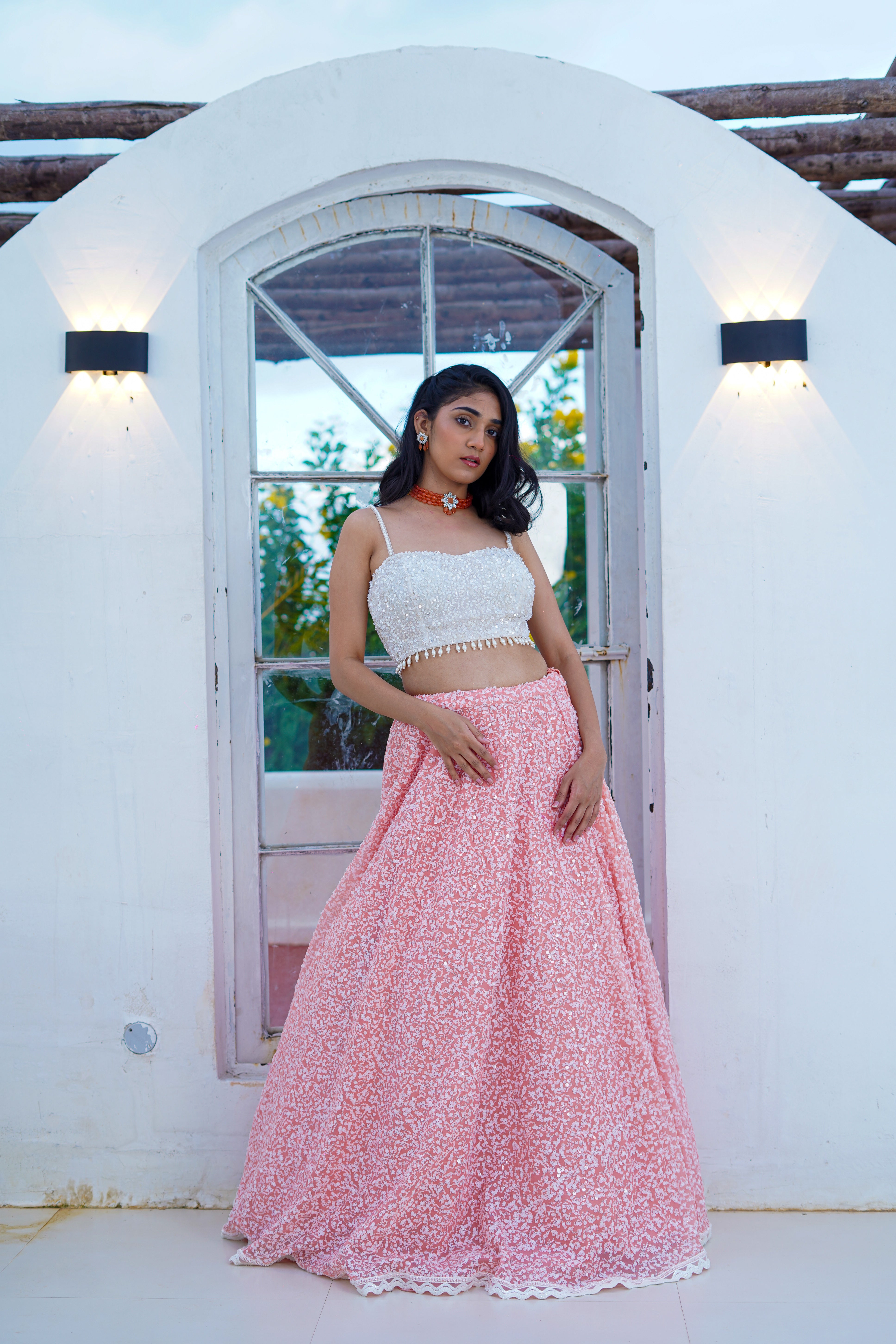 Peach Sequins Skirt with Contrast Crop Top