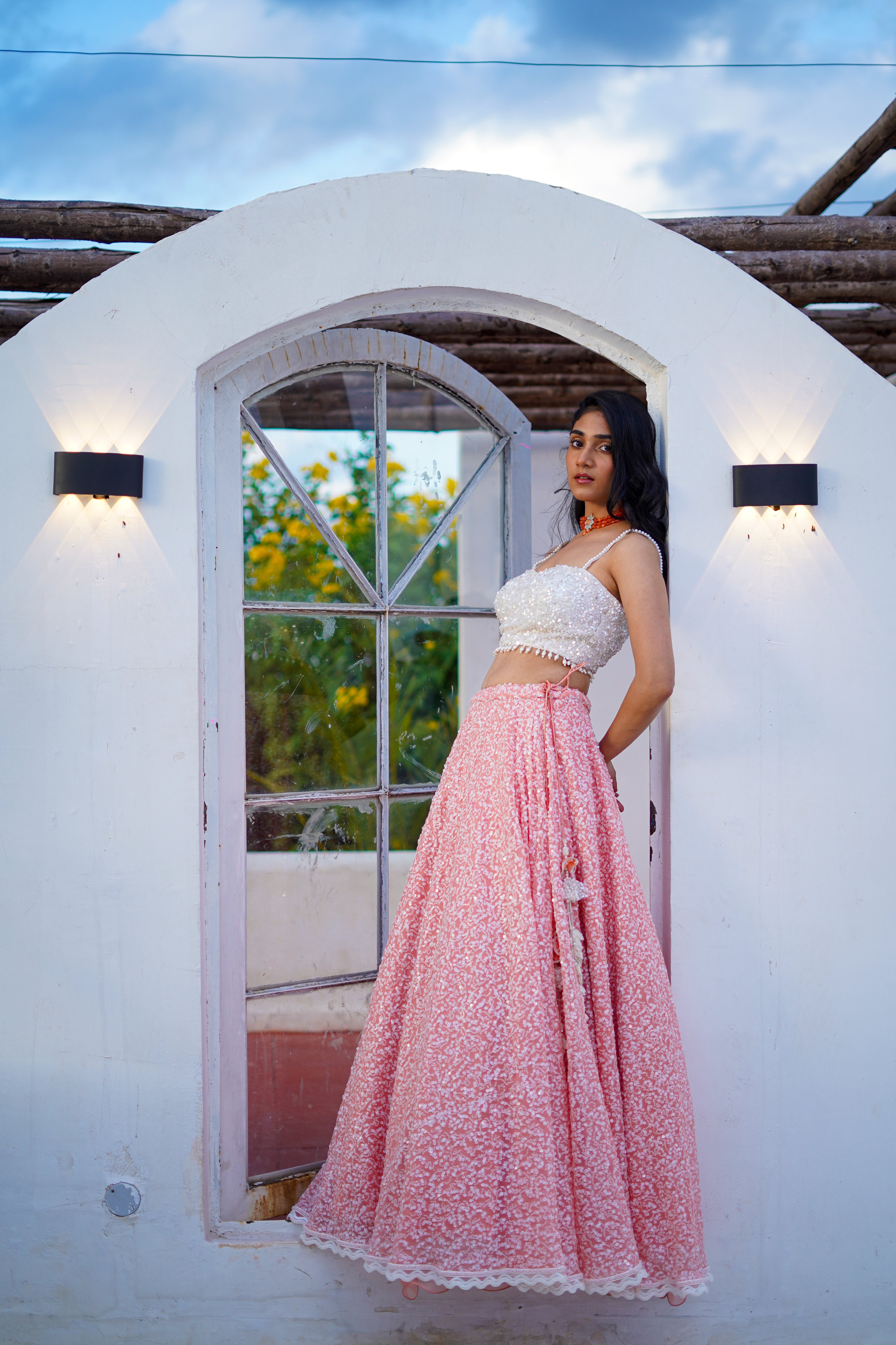 Peach Sequins Skirt with Contrast Crop Top