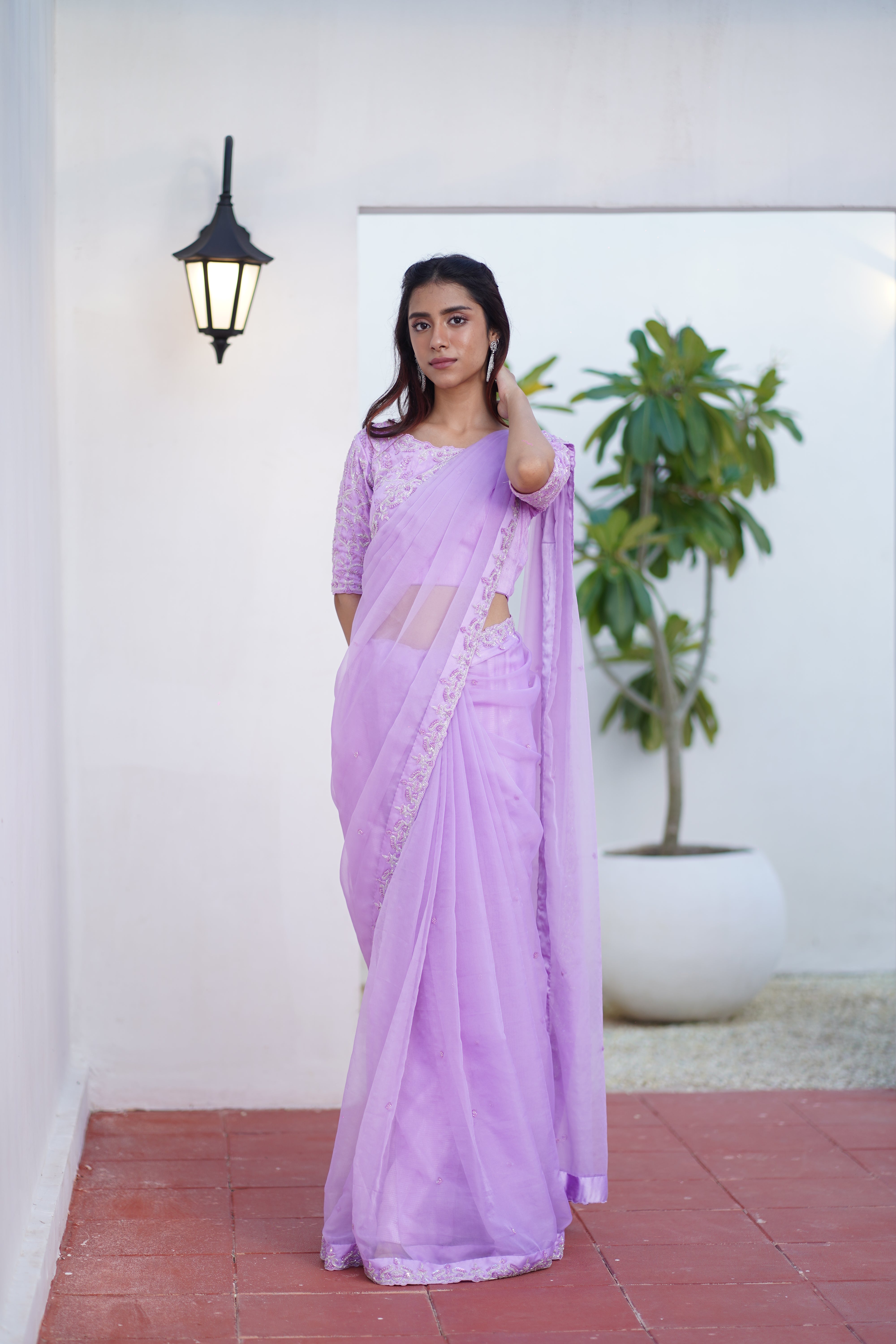 Lilac Organza Saree with Embroidered Blouse