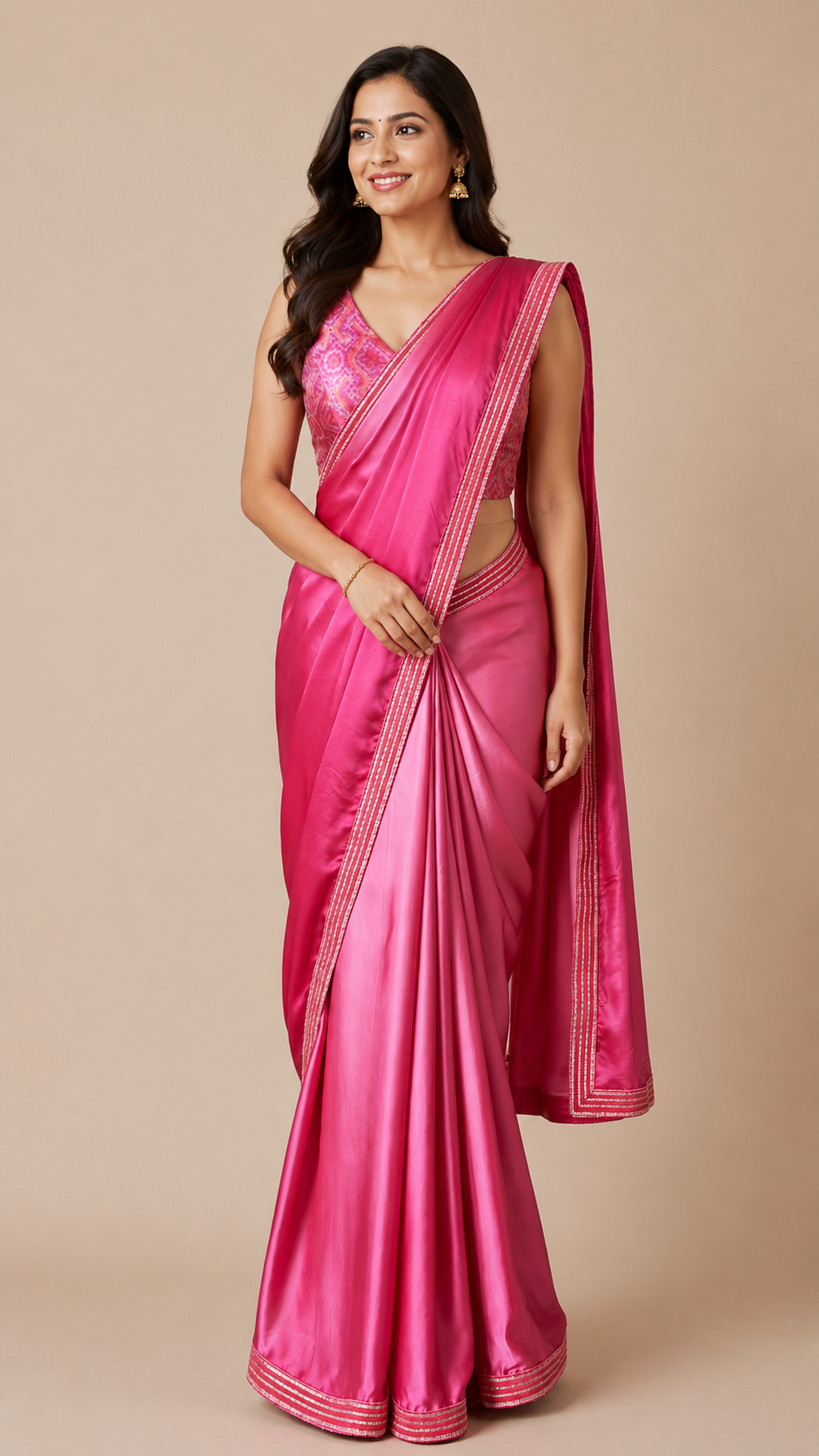 Pink Shaded Modal Satin saree with Pink Ikkat sherring Blouse