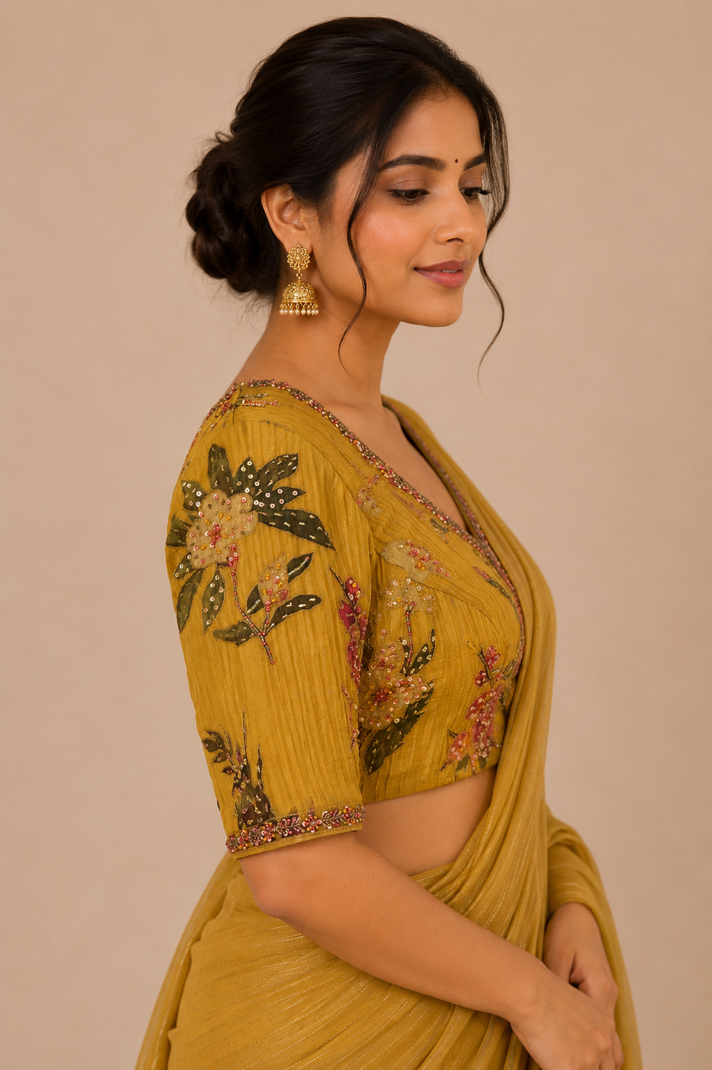 Chrome Yellow digital print Hand Embroidered Blouse for wedding and festive wear