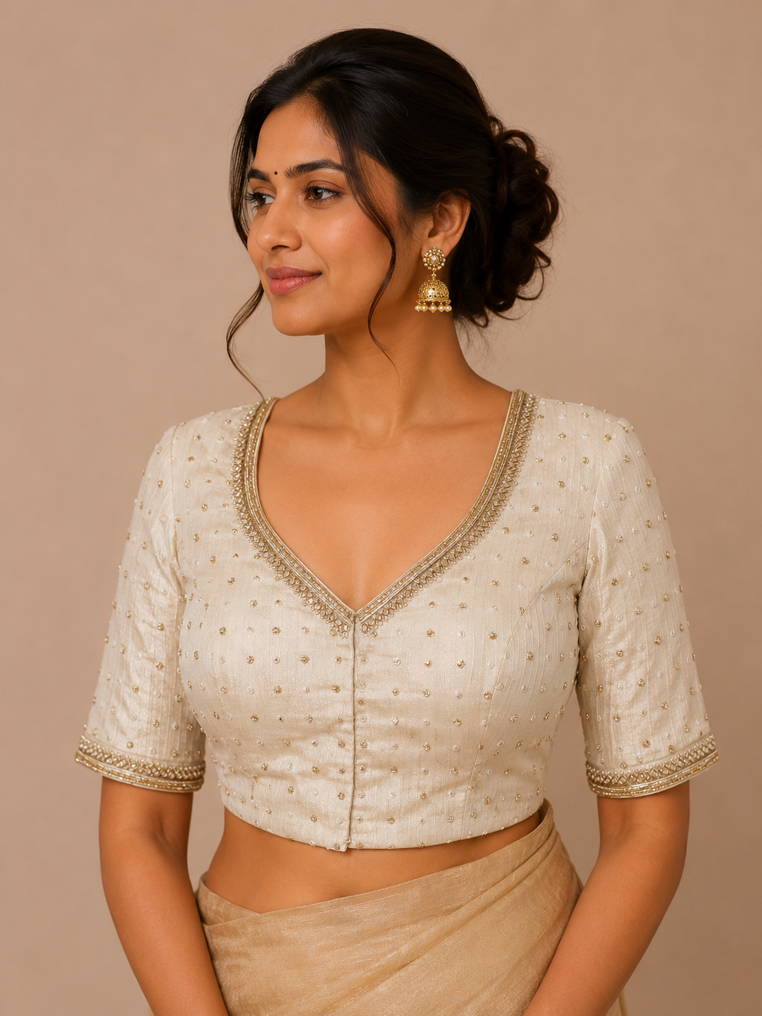 Cream Crushed Tissue Blouse with Cutdana Embroidered Blouse for festive and wedding wear (Copy)