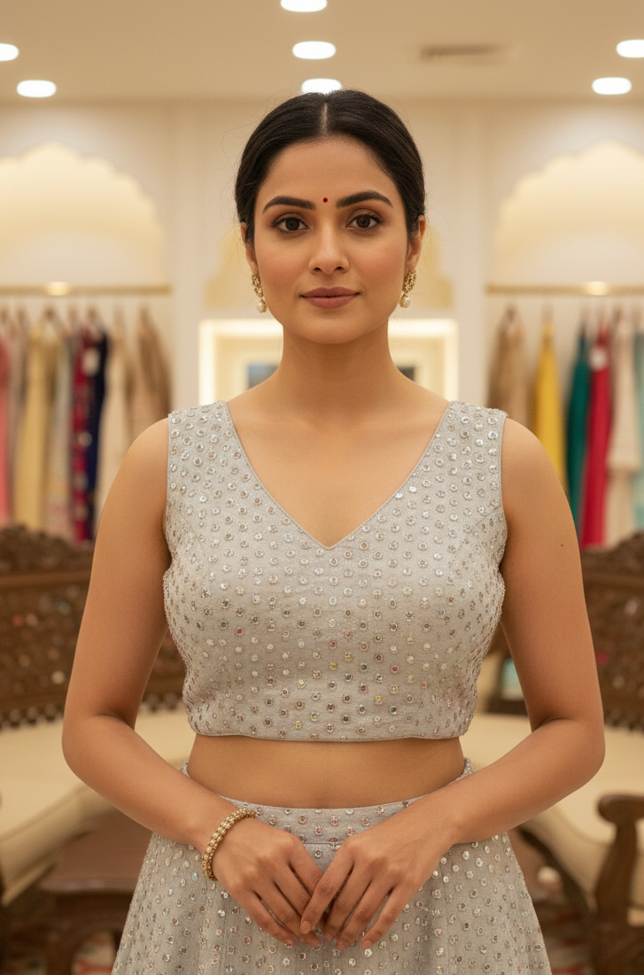 Silver Tissue Blouse with Mirror Work