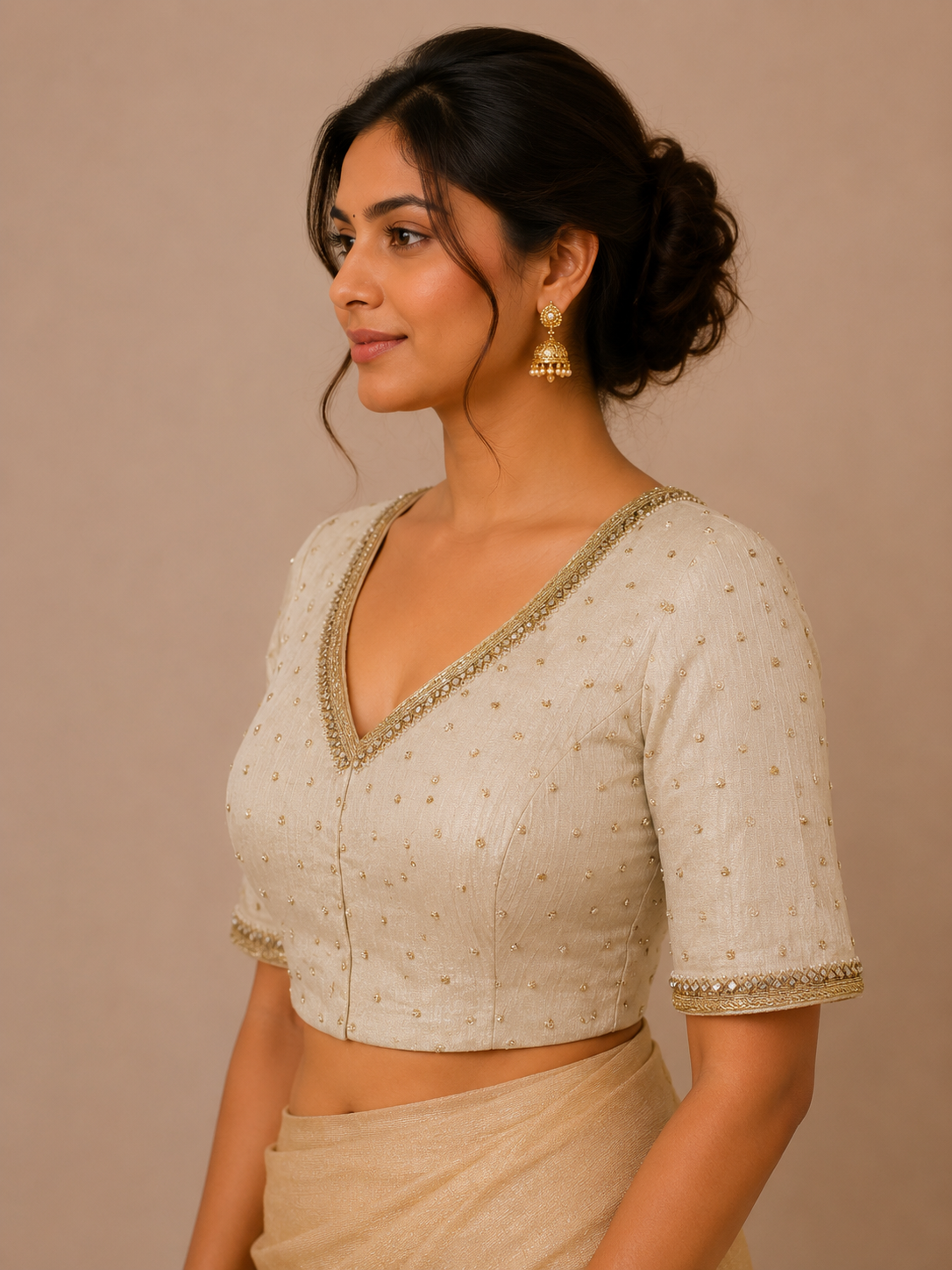 Cream Crushed Tissue Blouse with Cutdana Embroidered Blouse for festive and wedding wear (Copy)