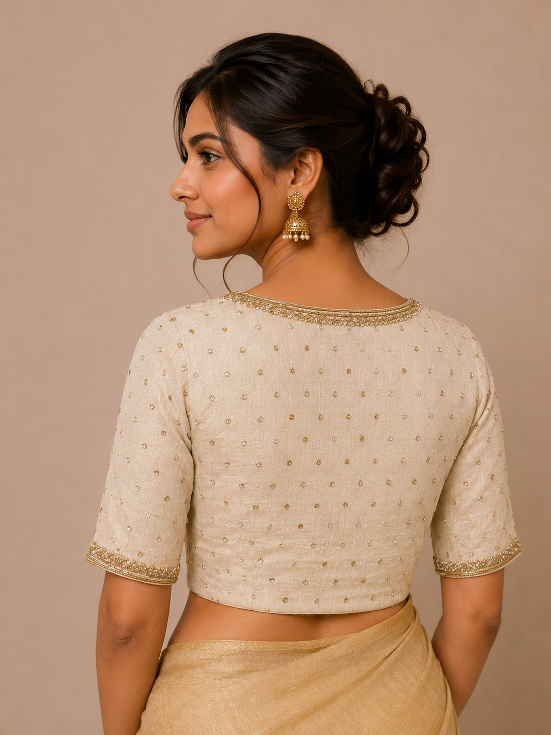 Cream Crushed Tissue Blouse with Cutdana Embroidered Blouse for festive and wedding wear (Copy)
