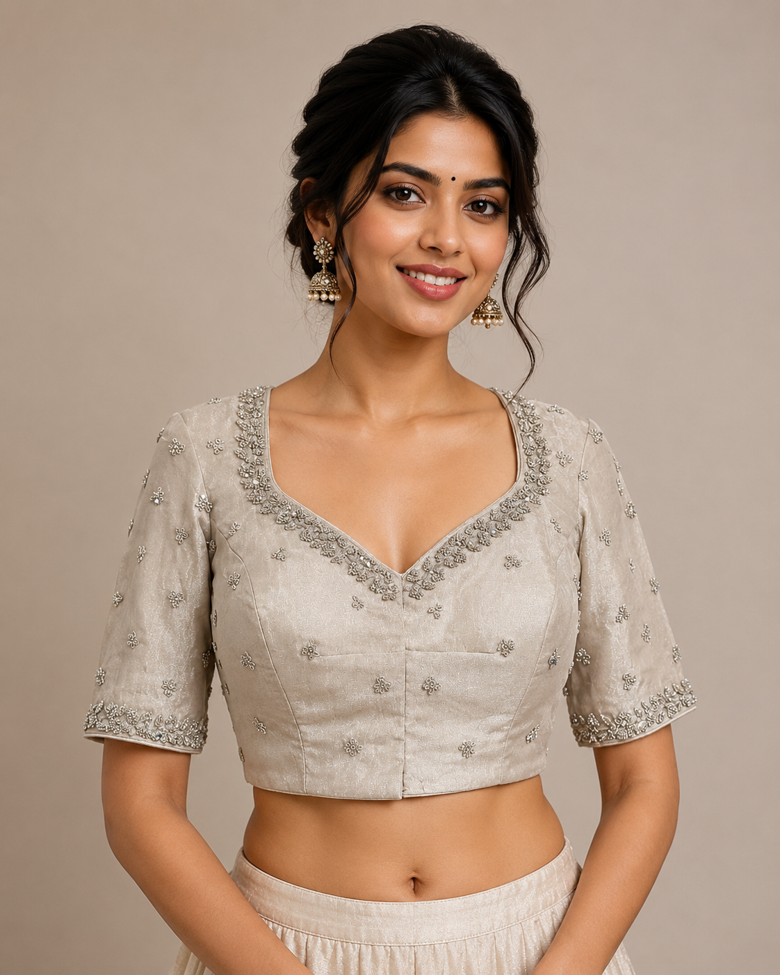 Silver Tissue Blouse with Zardosi & Zari Embroideryfor festive and wedding wear