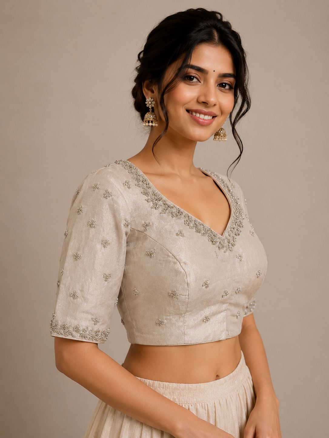 Silver Tissue Blouse with Zardosi & Zari Embroideryfor festive and wedding wear