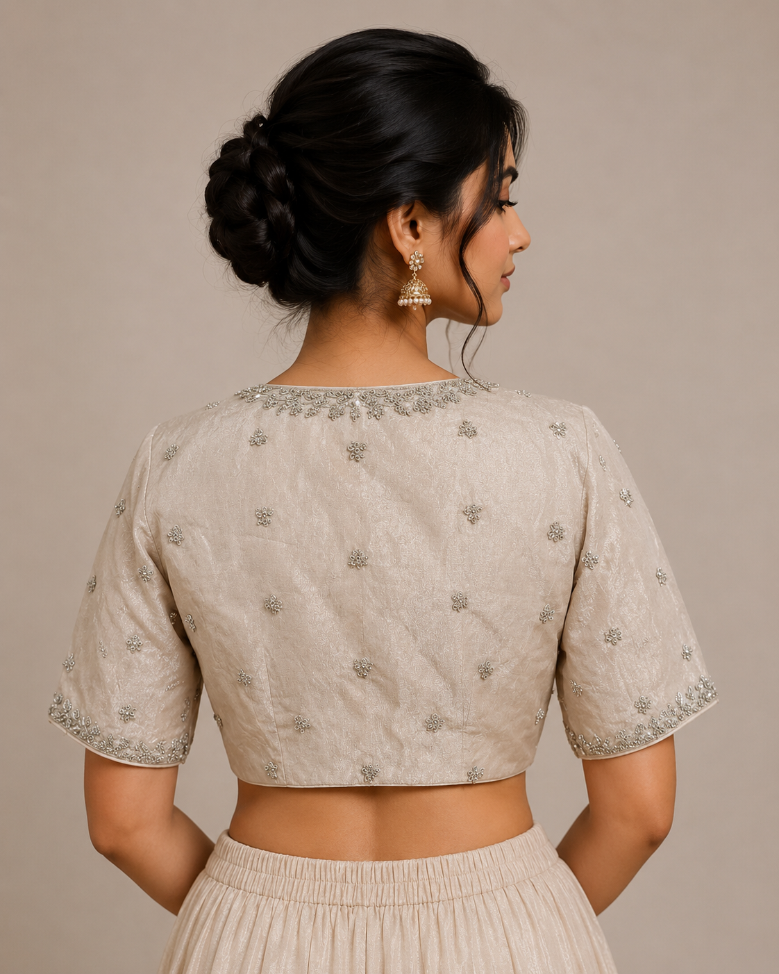 Silver Tissue Blouse with Zardosi & Zari Embroideryfor festive and wedding wear