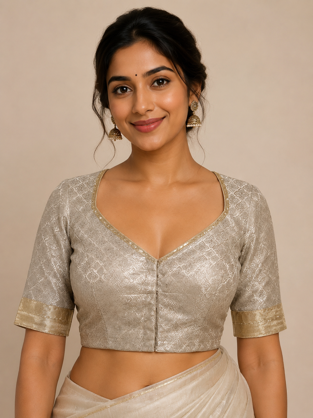 Silver Woven Blouse with Cutdana Embellished Neckline for festive and wedding wear