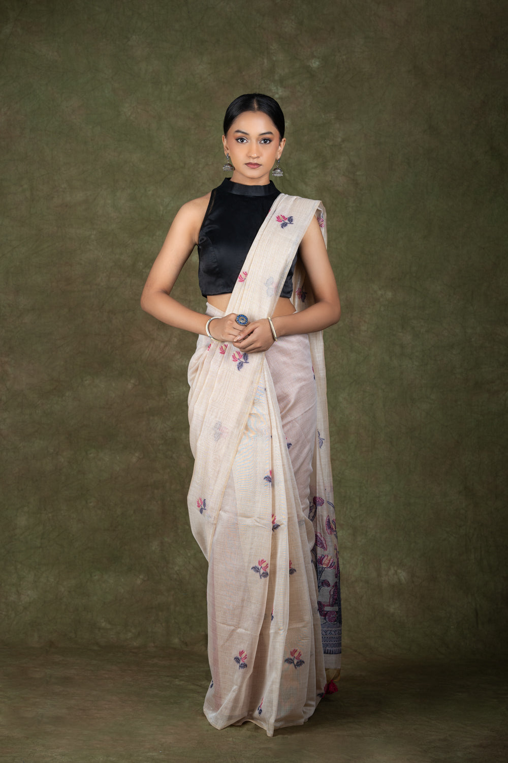 Beige Muga Silk Saree set