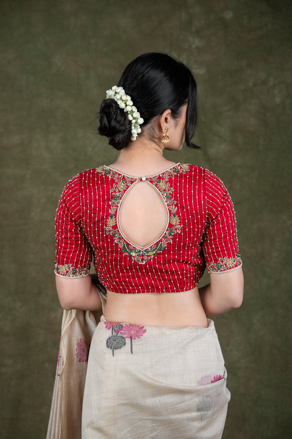 Red Silk Blouse with bead Embroidery