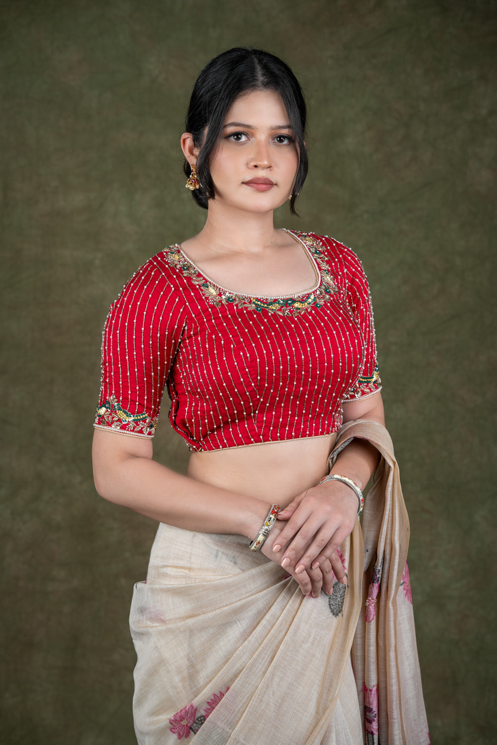 Red Silk Blouse with bead Embroidery