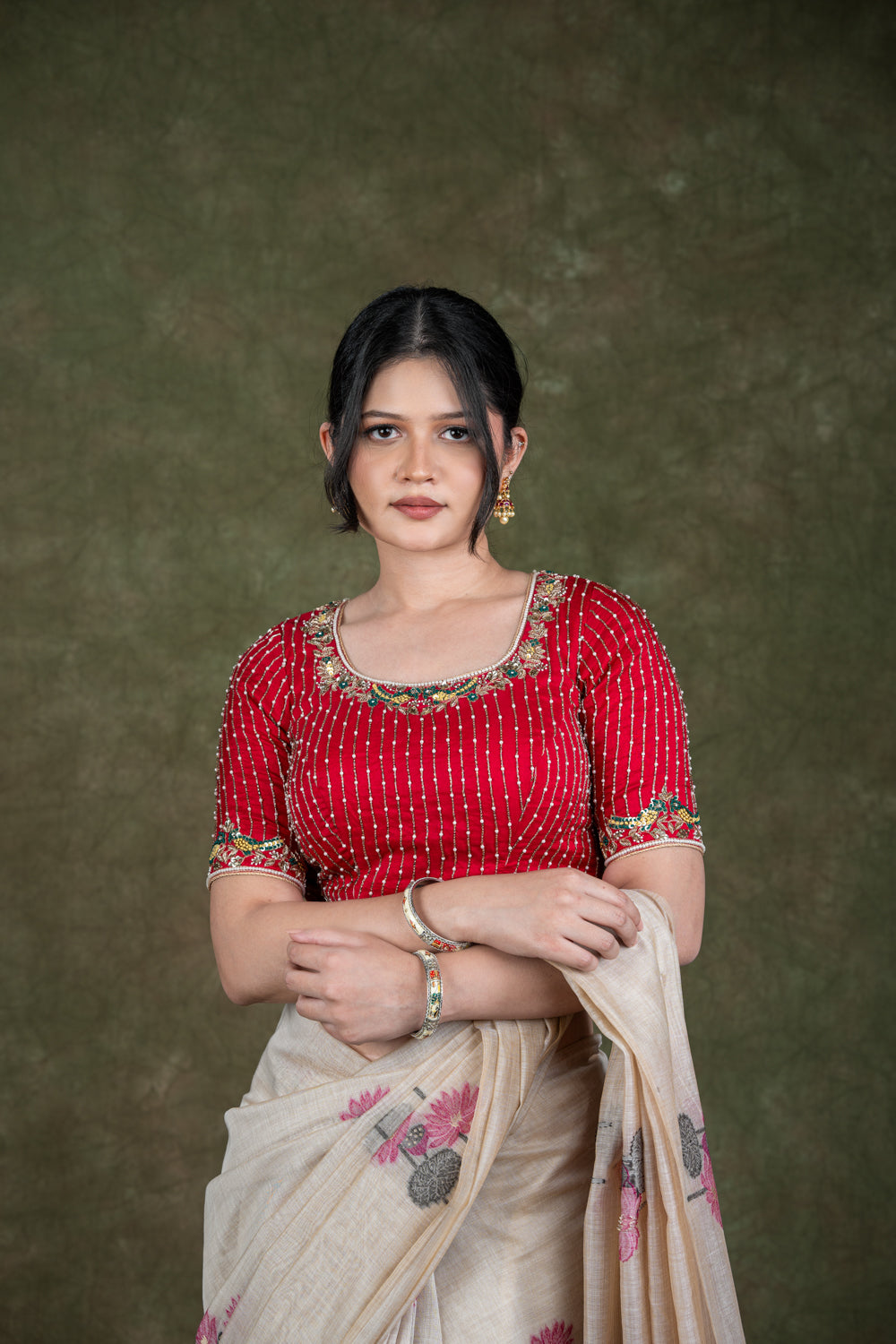 Red Silk Blouse with bead Embroidery