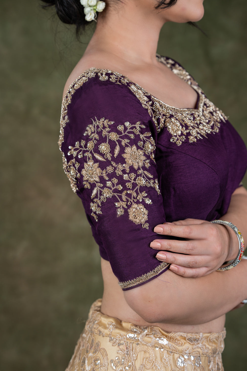 Burgundy Raw Silk Embroidered Blouse